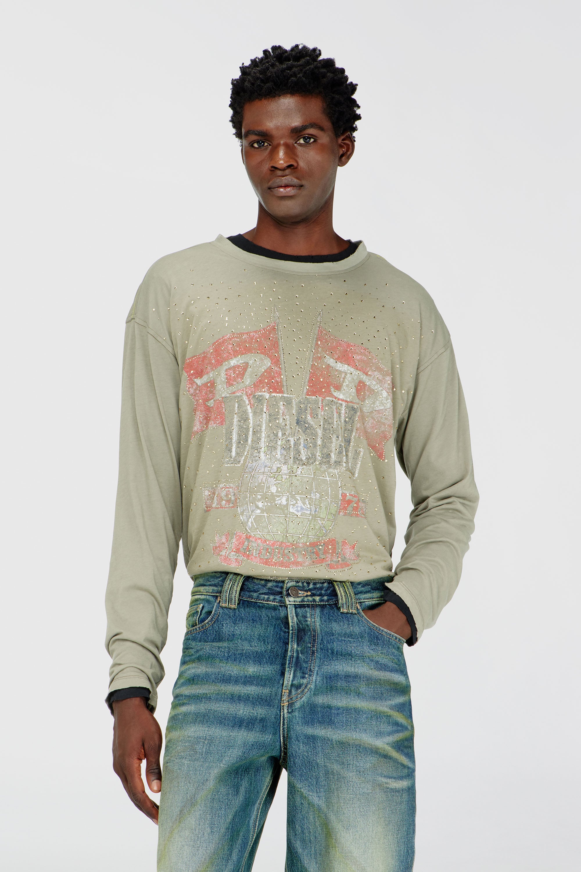 Diesel - T-GERI-LS-A, Herren Langarmshirt mit Konzertgrafik und Kristallen in null - 1