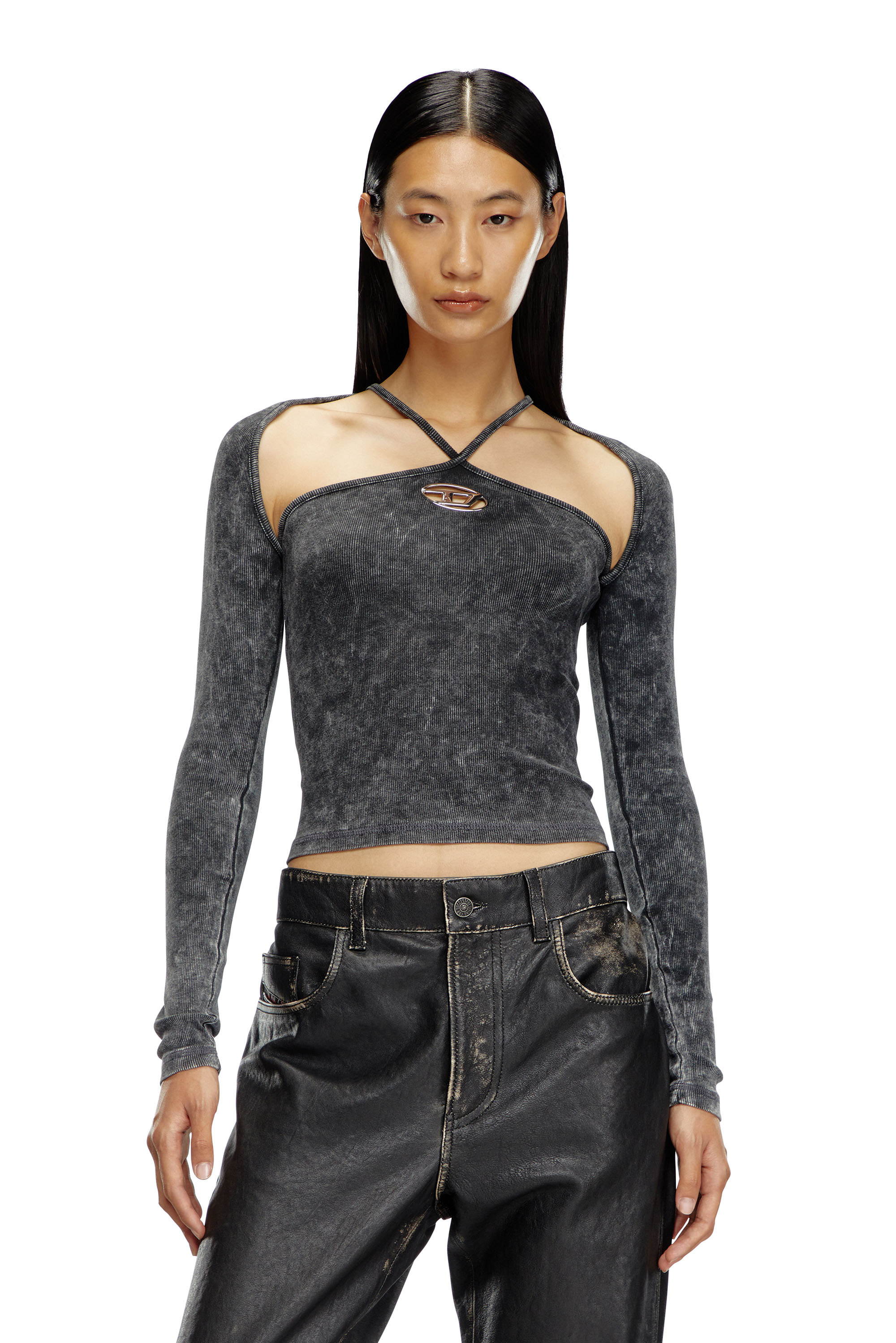 Diesel - T-MARINEL, Donna Ribbed long-sleeve top with cross-over straps in Nero - Image 1