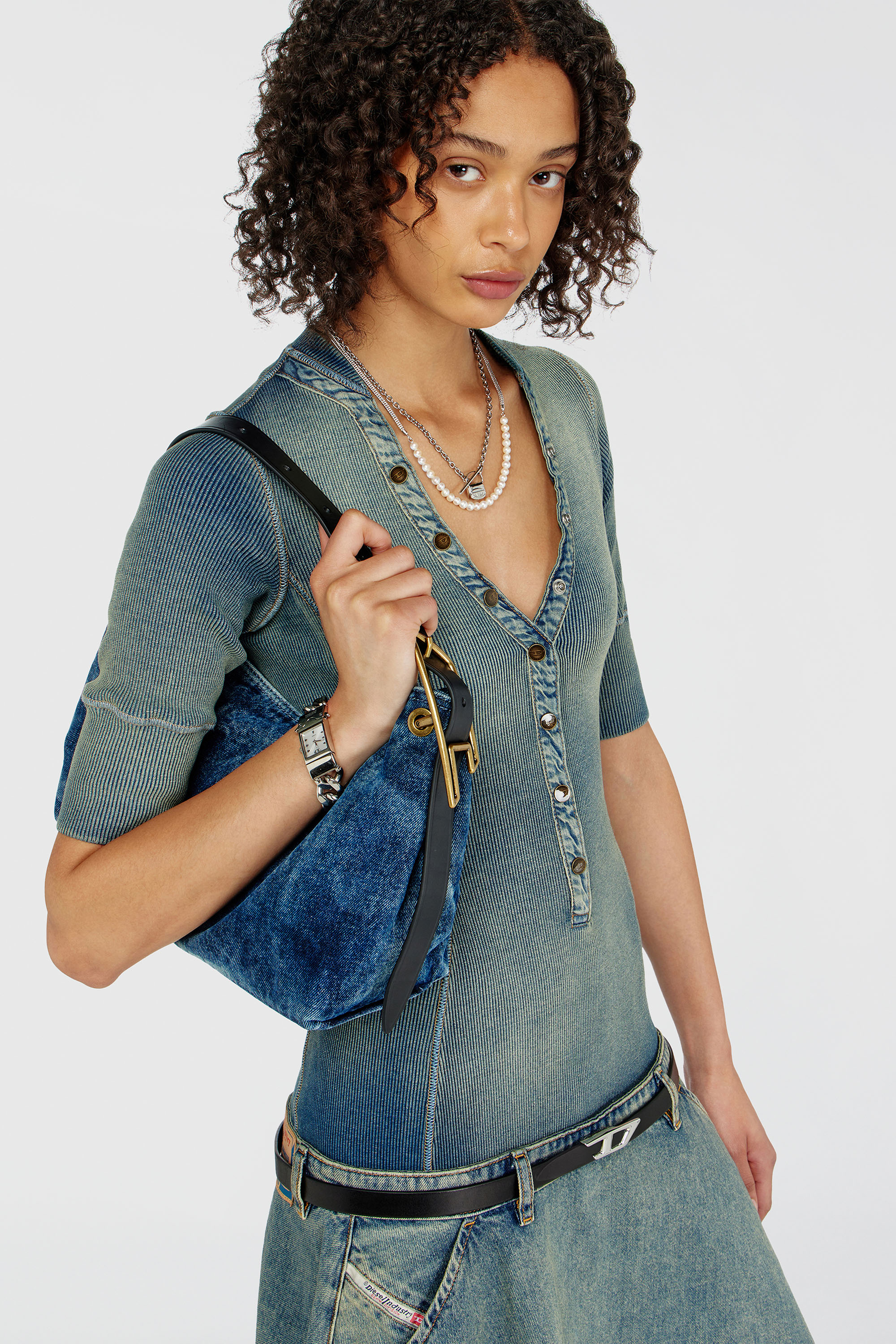 Diesel - DE-ANIM-S, Robe midi &agrave; taille basse en maille et denim Femme in Bleu - 5