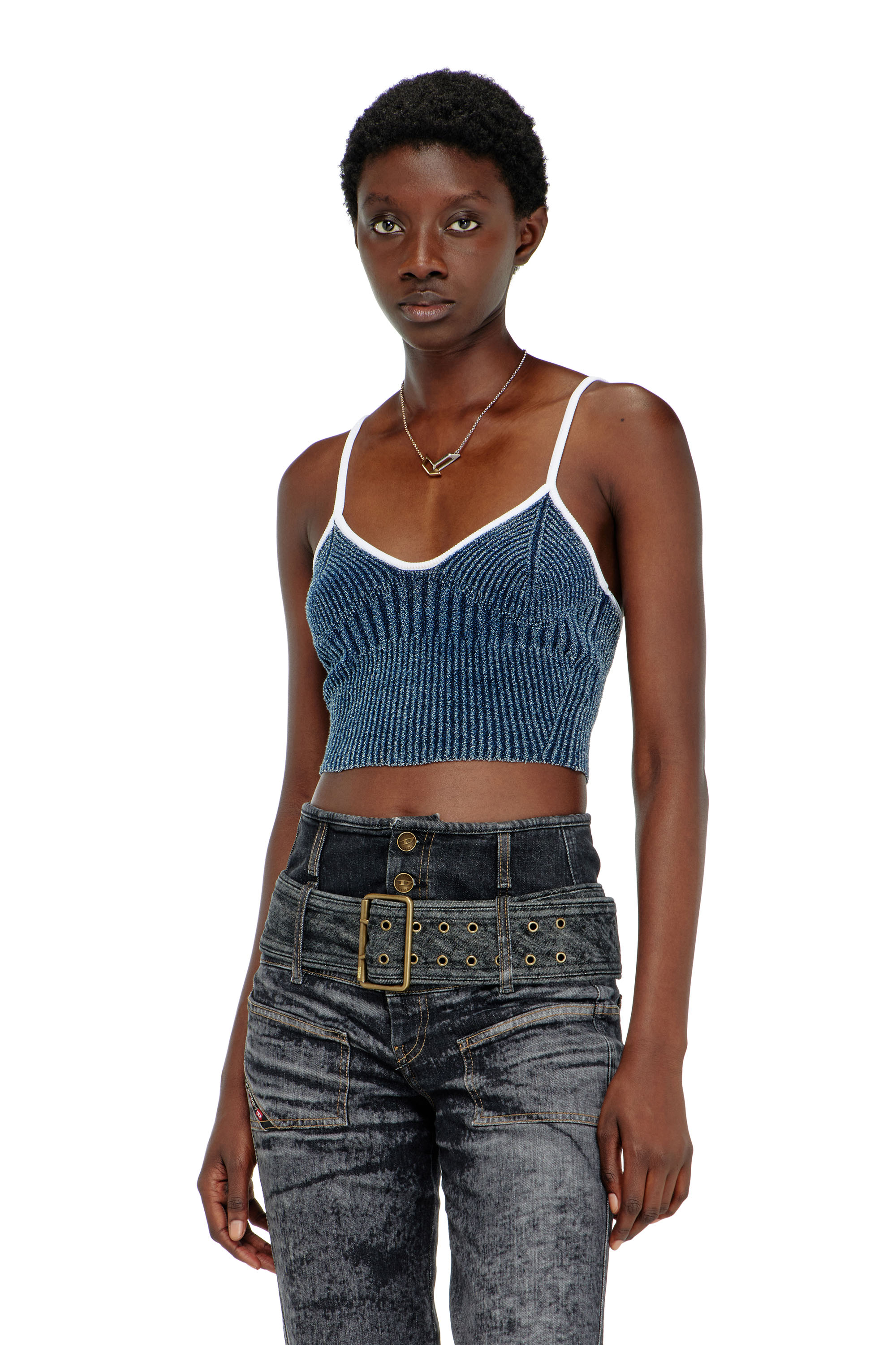 Diesel - M-ESTERE, Crop top en maille c&ocirc;tel&eacute;e indigo boucl&eacute; Femme in Polychrome - 1