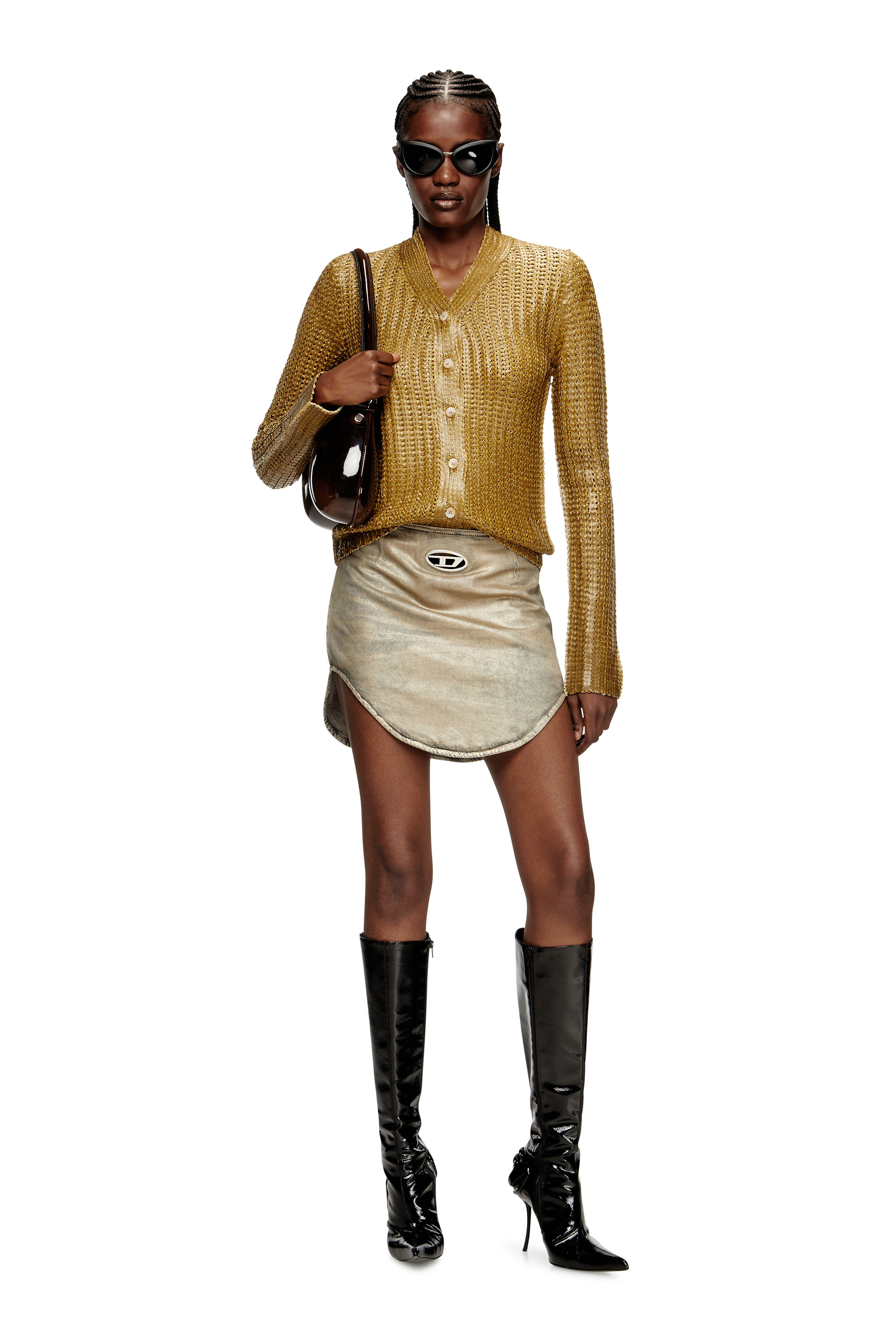 Diesel - M-MILLO, Damen Gerippte Strickjacke mit Glanzeffekt in Hellbraun - 1