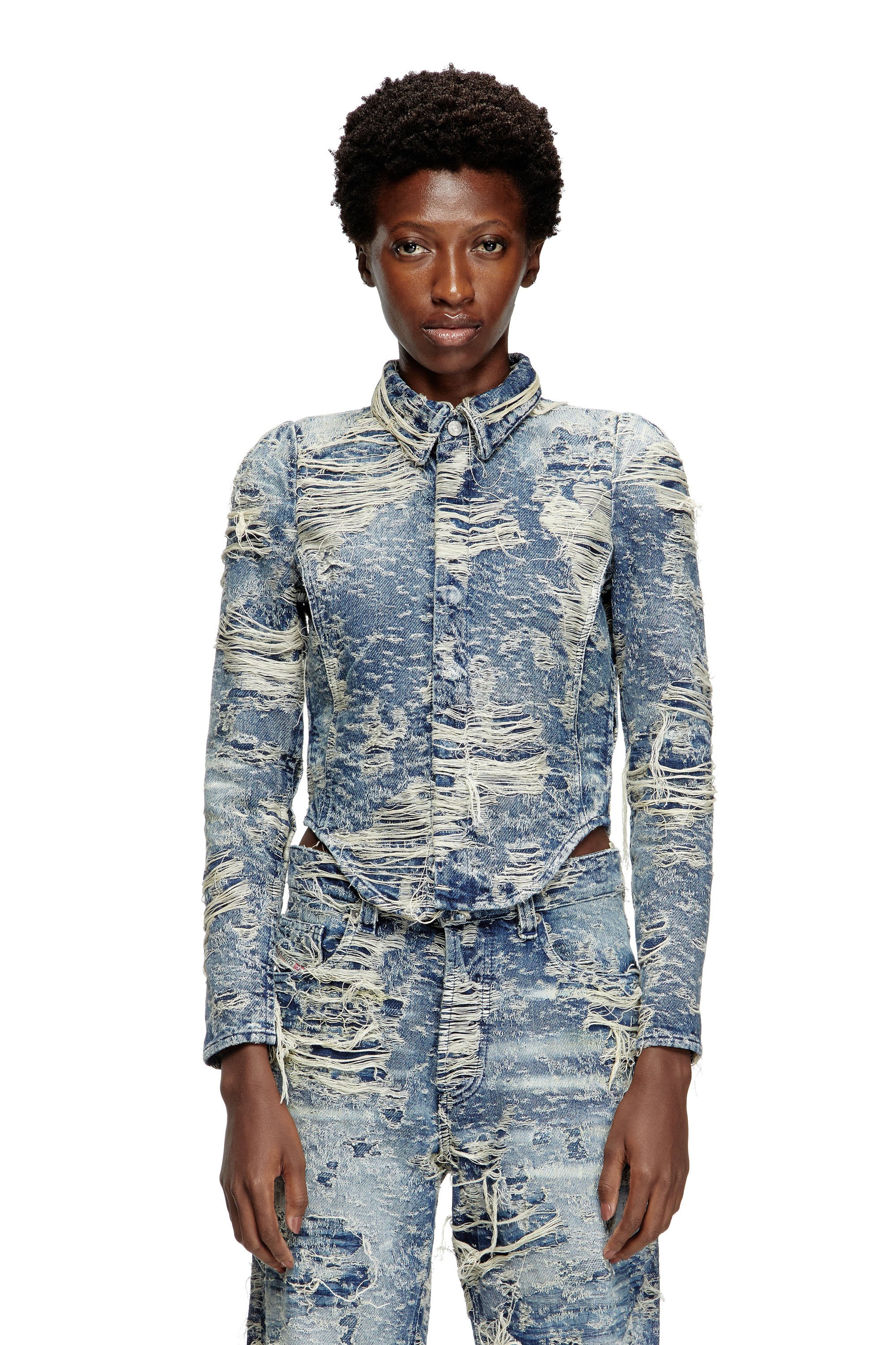 Diesel - DE-MADELINE-FSG, Camicia in denim jacquard con fili fluttuanti Donna in Blu - 1