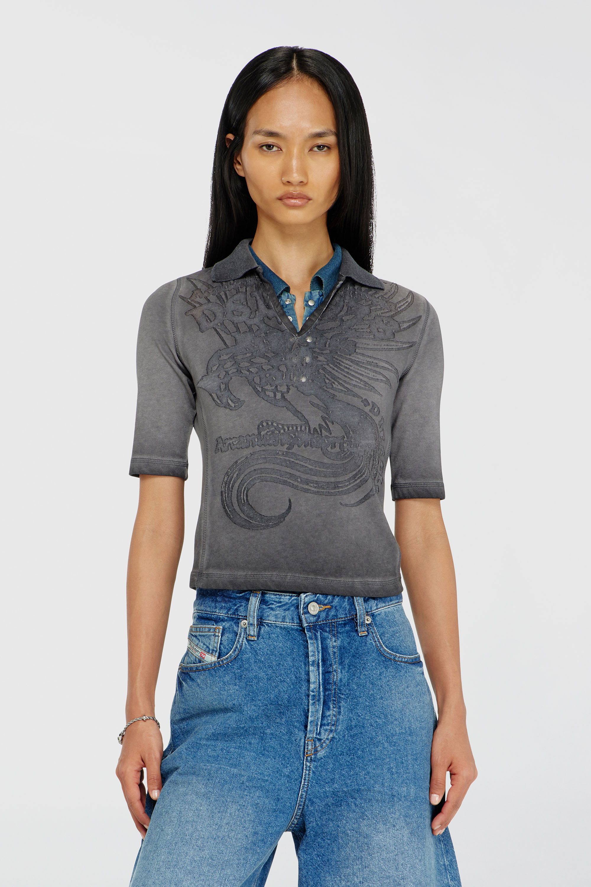 Diesel - T-BEA, Polo slim con stampa d&eacute;vor&eacute; Donna in Grigio - 1