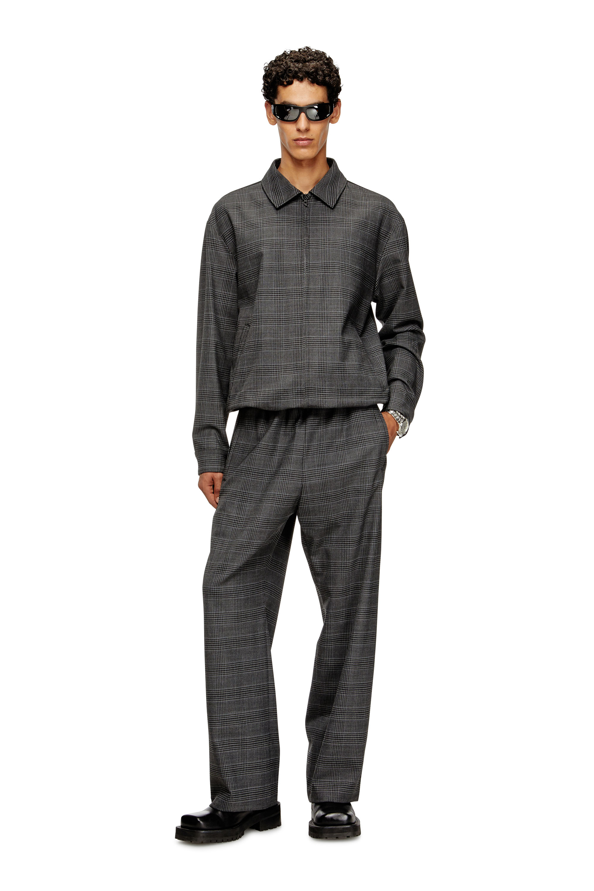 Diesel - J-TING, Herren Coach-Jacke aus Prince-of-Wales-Wollmischung und Satin in Schwarz/Grau - 1