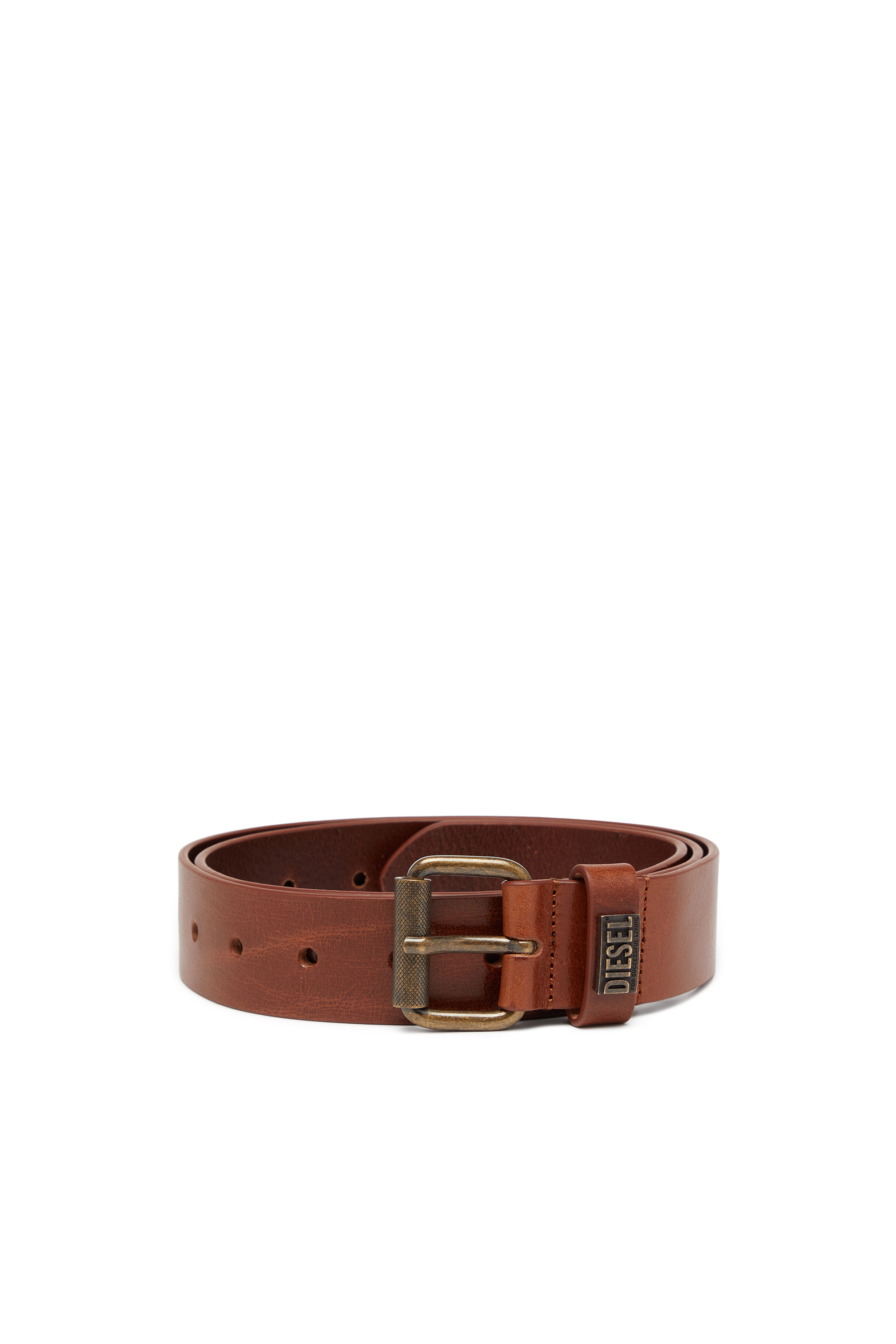 Diesel - B-BISCOTTO-LOOP II, Ceinture en cuir de 3.5 cm avec boucle en m&eacute;tal griff&eacute;e Homme in Marron - 1