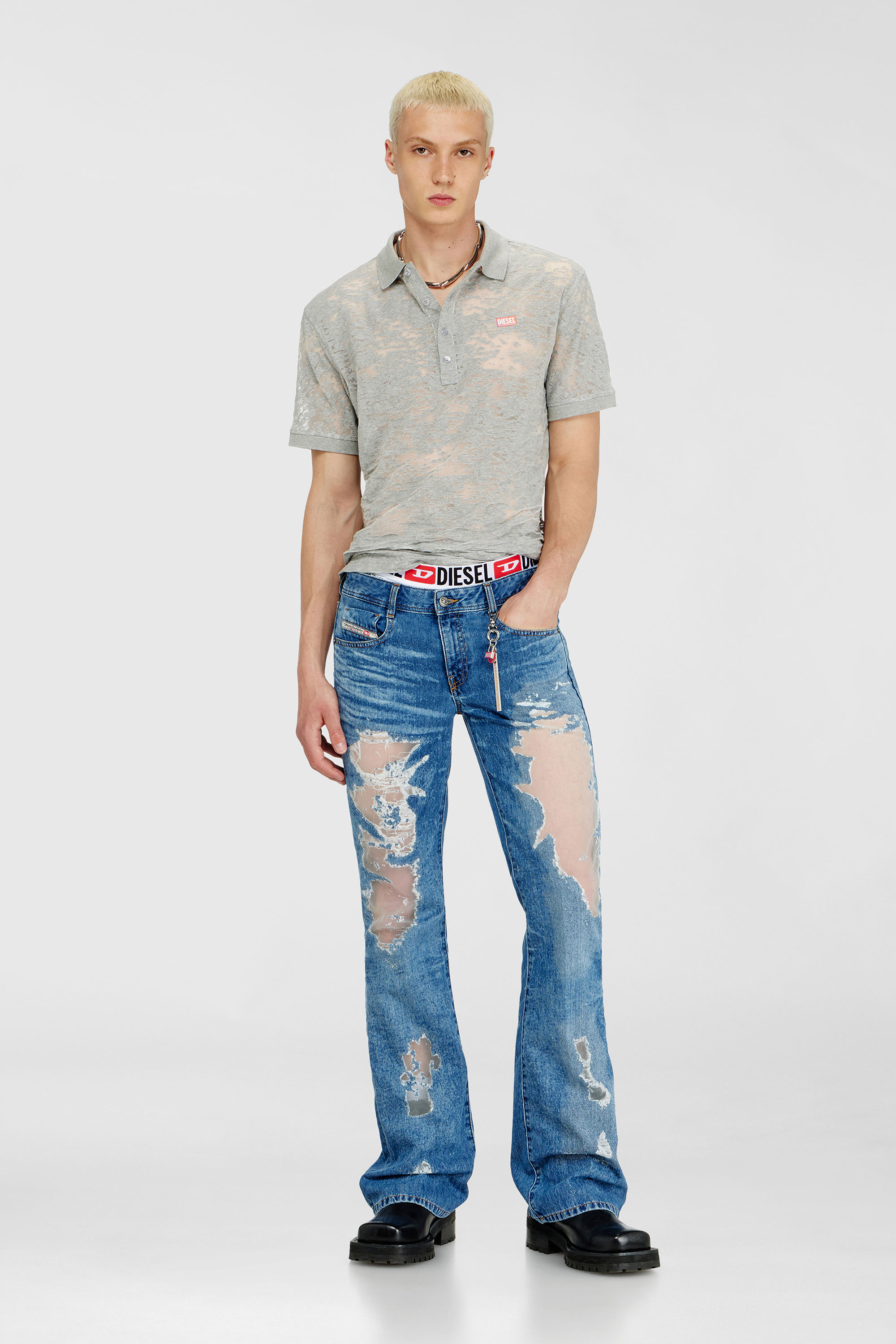 Diesel - PR-T-REJUST, Polo in jersey all-over devor&eacute; Uomo in Grigio - 1