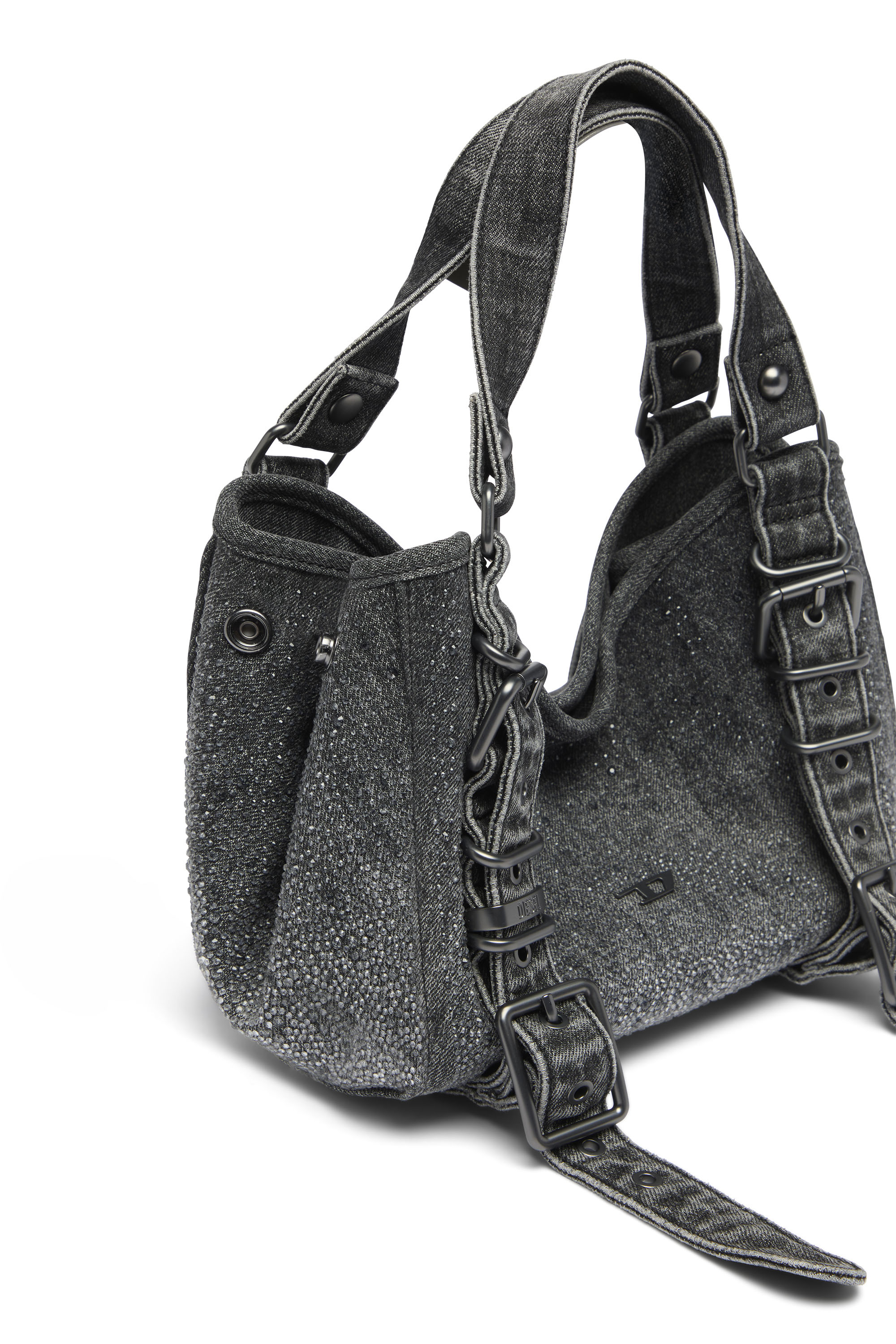 Diesel - D-ONE TOPHANDLE S, Damen D-One-Small Henkeltasche aus solarisiertem Denim mit Kristallen in Schwarz - 5