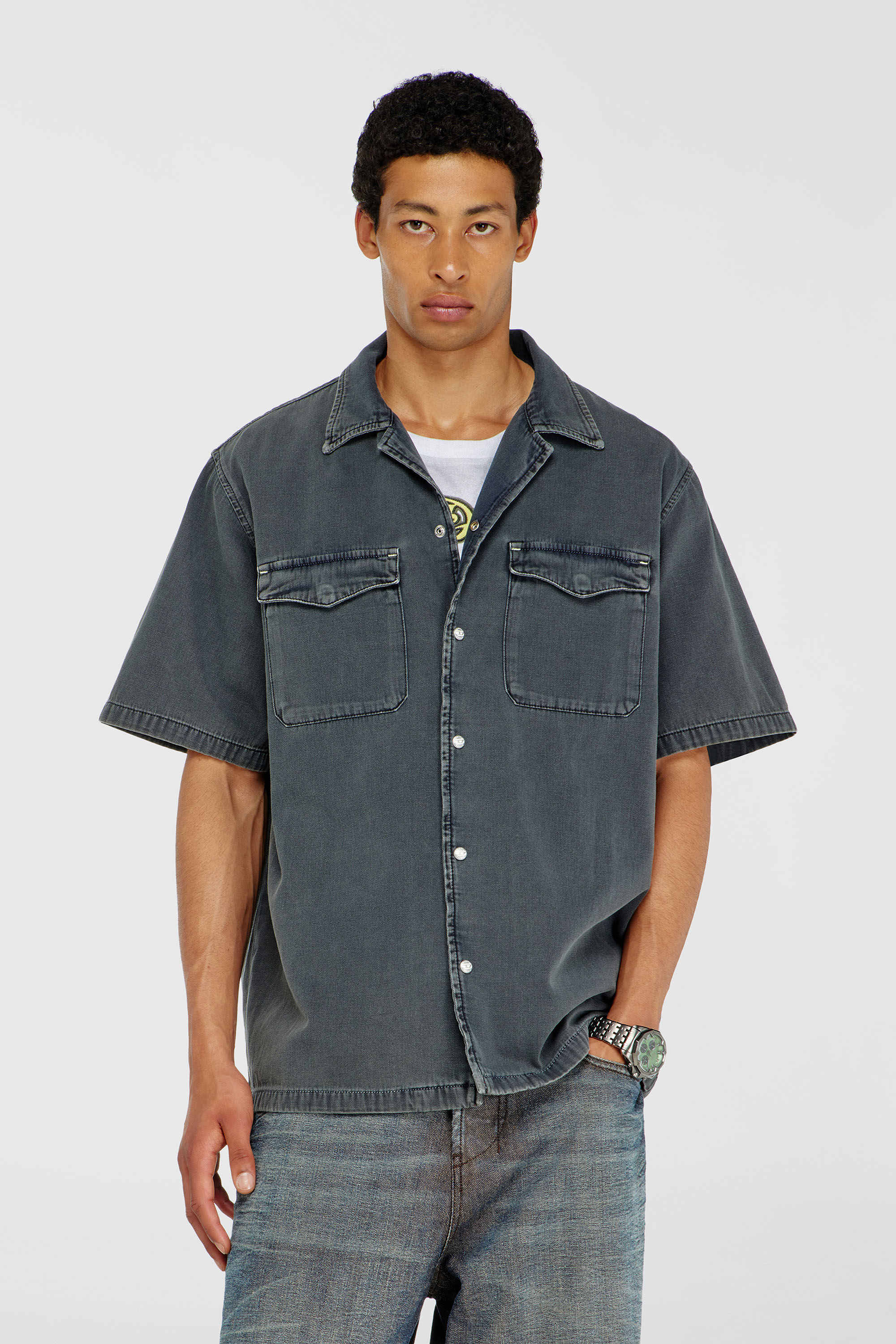 Diesel - D-NABIL-P, Herren Bowling-Hemd aus farbigem denim in Dunkelgrau - 3