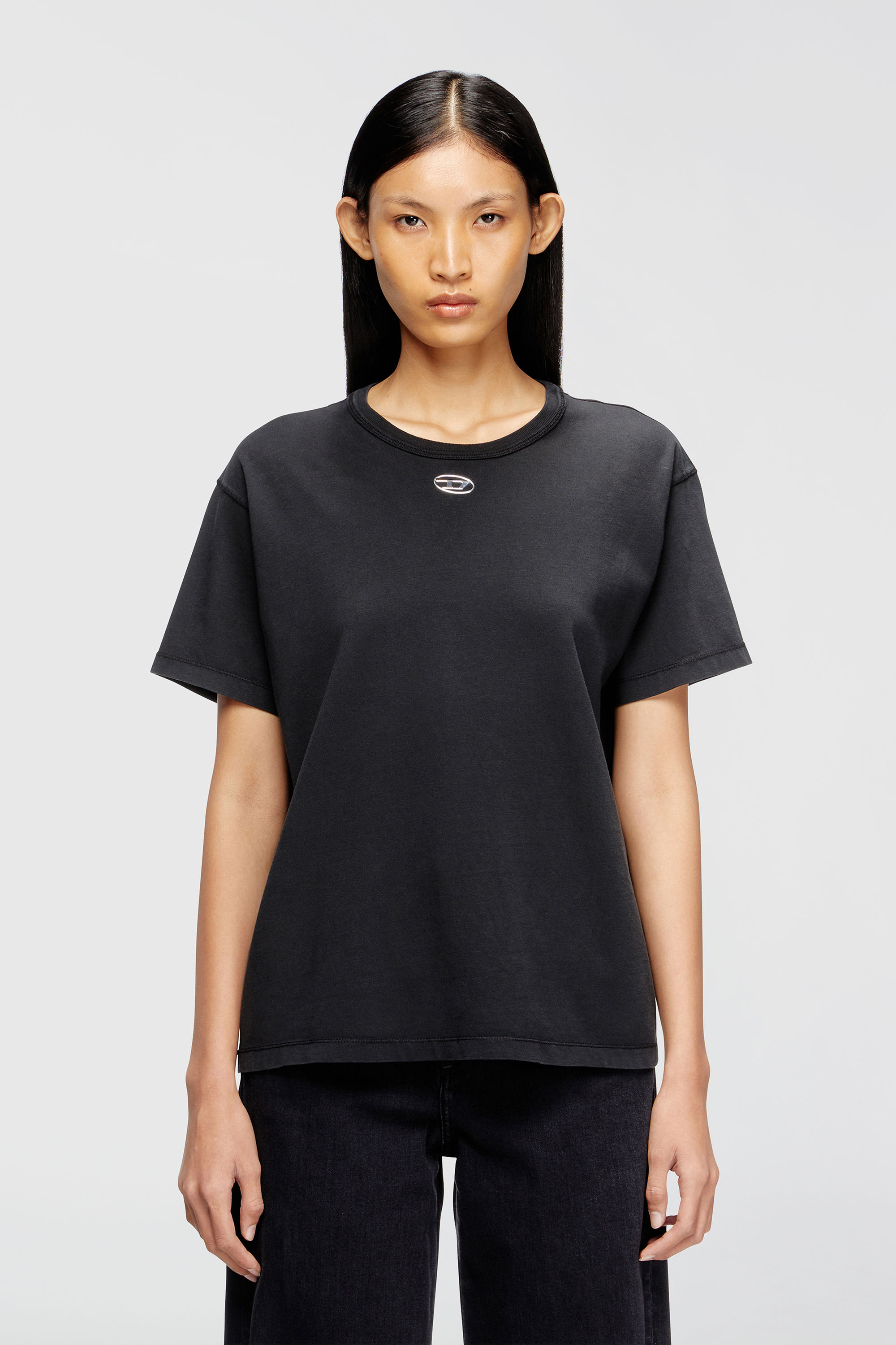 Diesel - T-NORMY-OD-S1, T-shirt en coton avec Oval D m&eacute;tallique Femme in Noir - 1