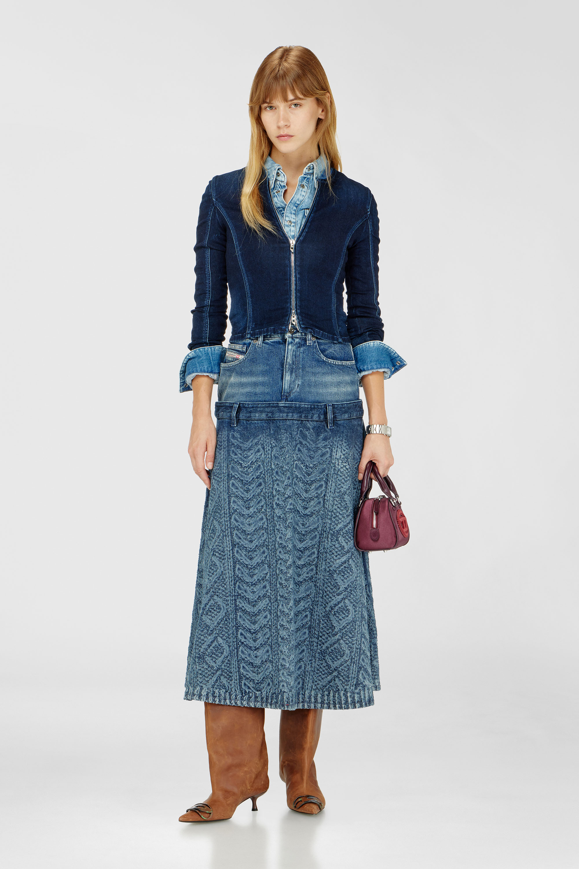 Diesel - DE-VORYA-S1, Woman's Midi skirt in cable-knit-effect denim in Medium blue - 1