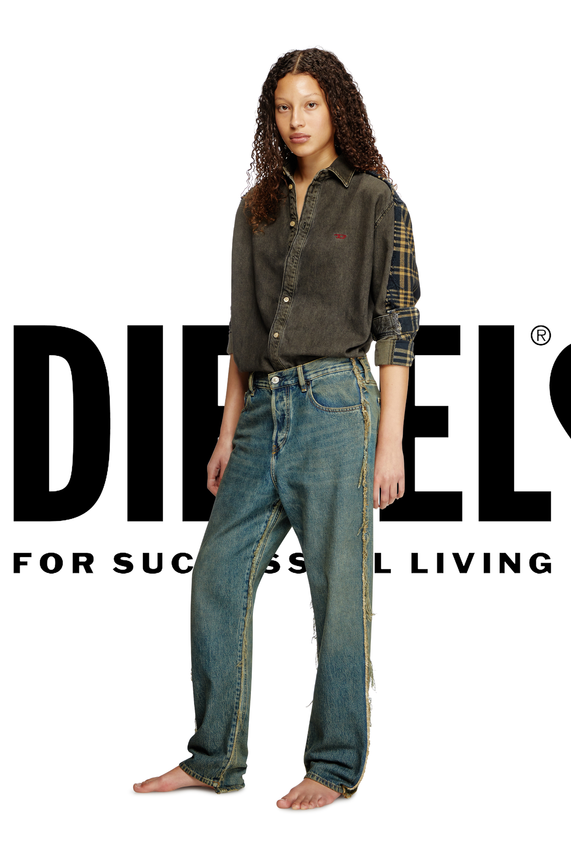 Diesel - Shirt Dieseloves 5A, Unisex Überfärbtes Denim und Karo-Hemd in Schwarz/Blau - 1
