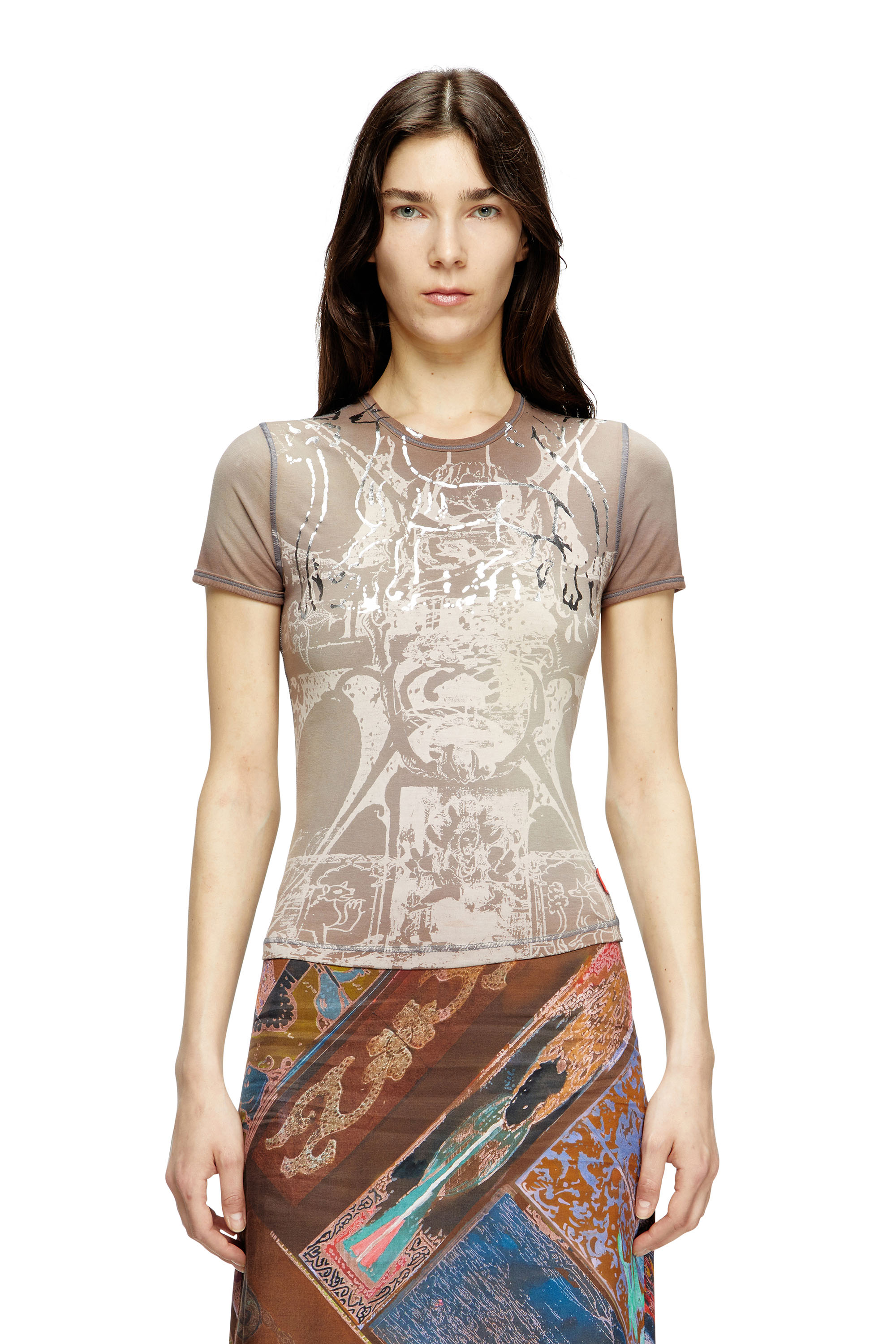Diesel - T-UNCUTIES-LONG-R6, Damen T-Shirt mit Folien-Print in null - 1