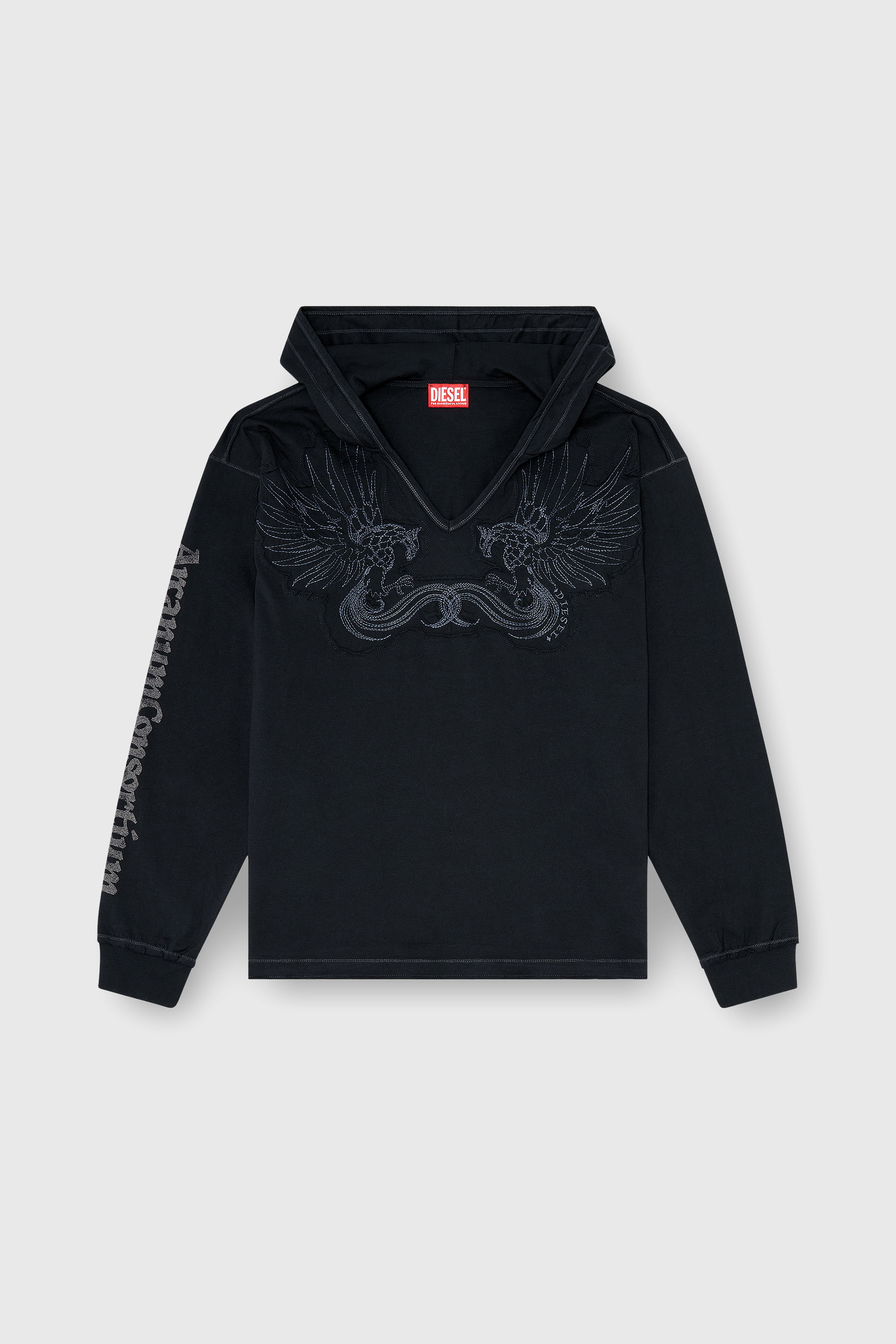 Diesel - T-PHEN-LS-HOOD-RIB, Hoodie con scollo a V e ricamo frontale Uomo in Nero - 2
