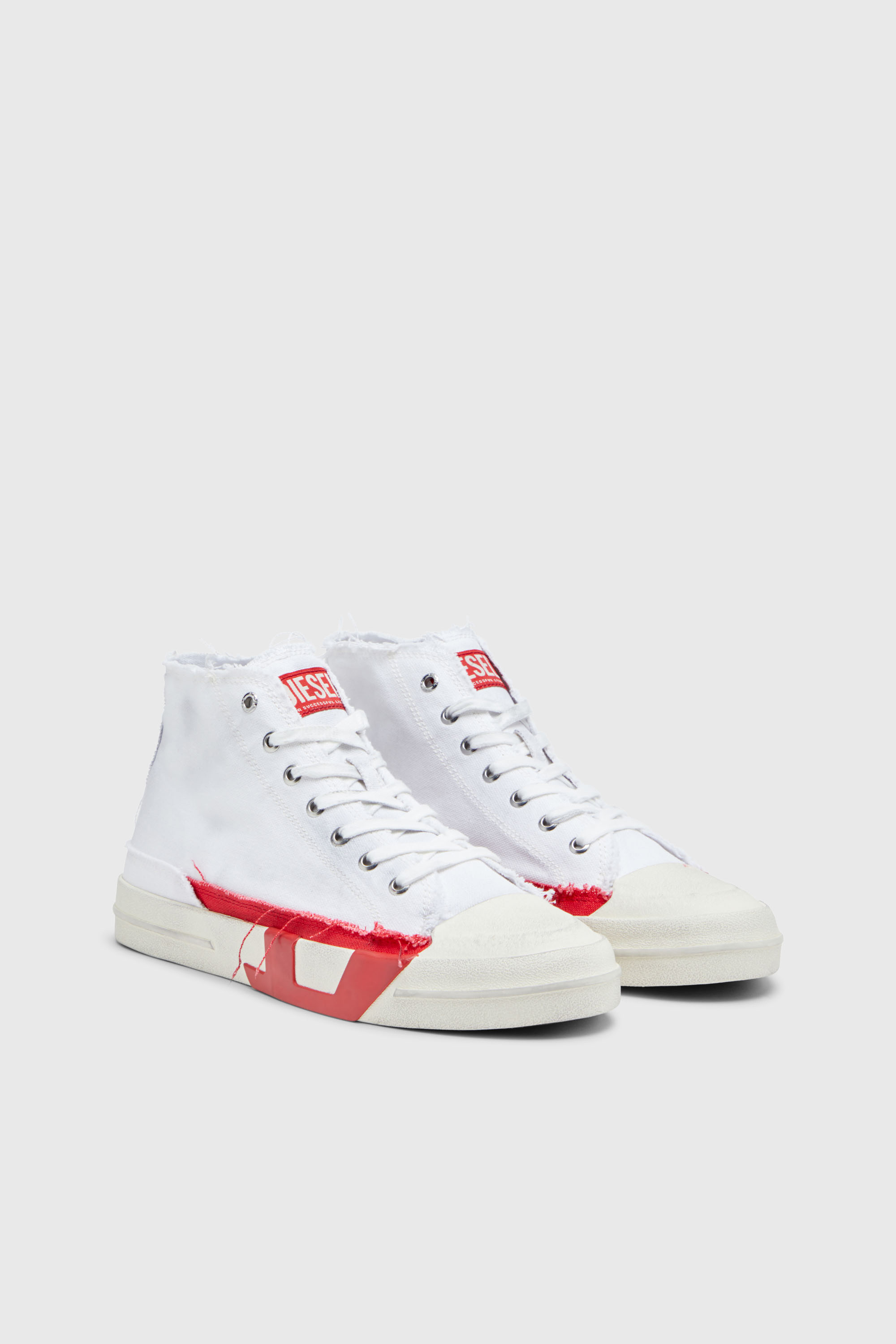 Diesel - S-D-VERSE MID, Man's S-D-Verse-Dirty-effect high-top canvas sneakers in White/Red - 2