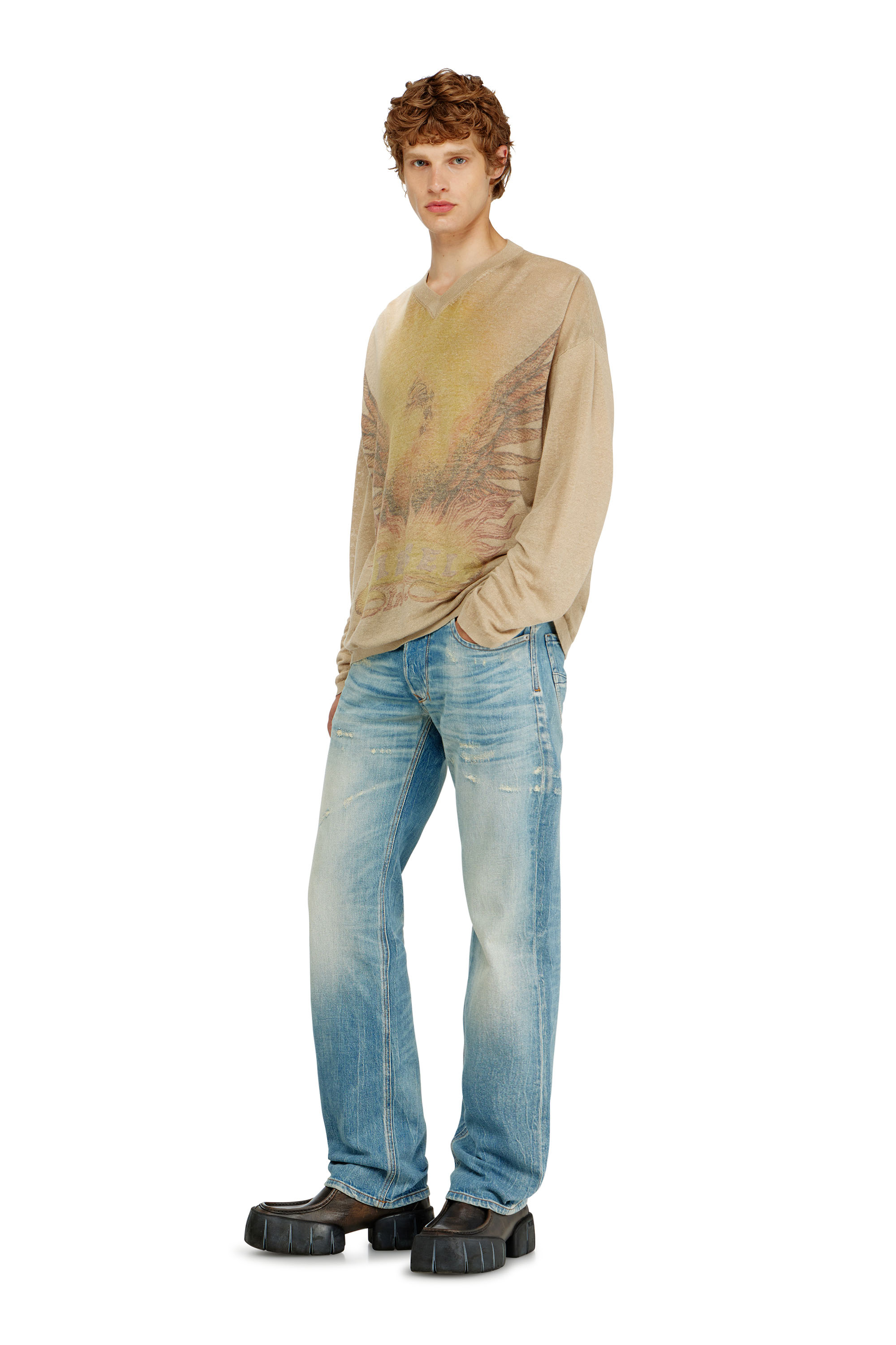 Diesel - K-ARMINS, Herren Leinenpullover mit verblasstem Phoenix-Print in Beige - 2