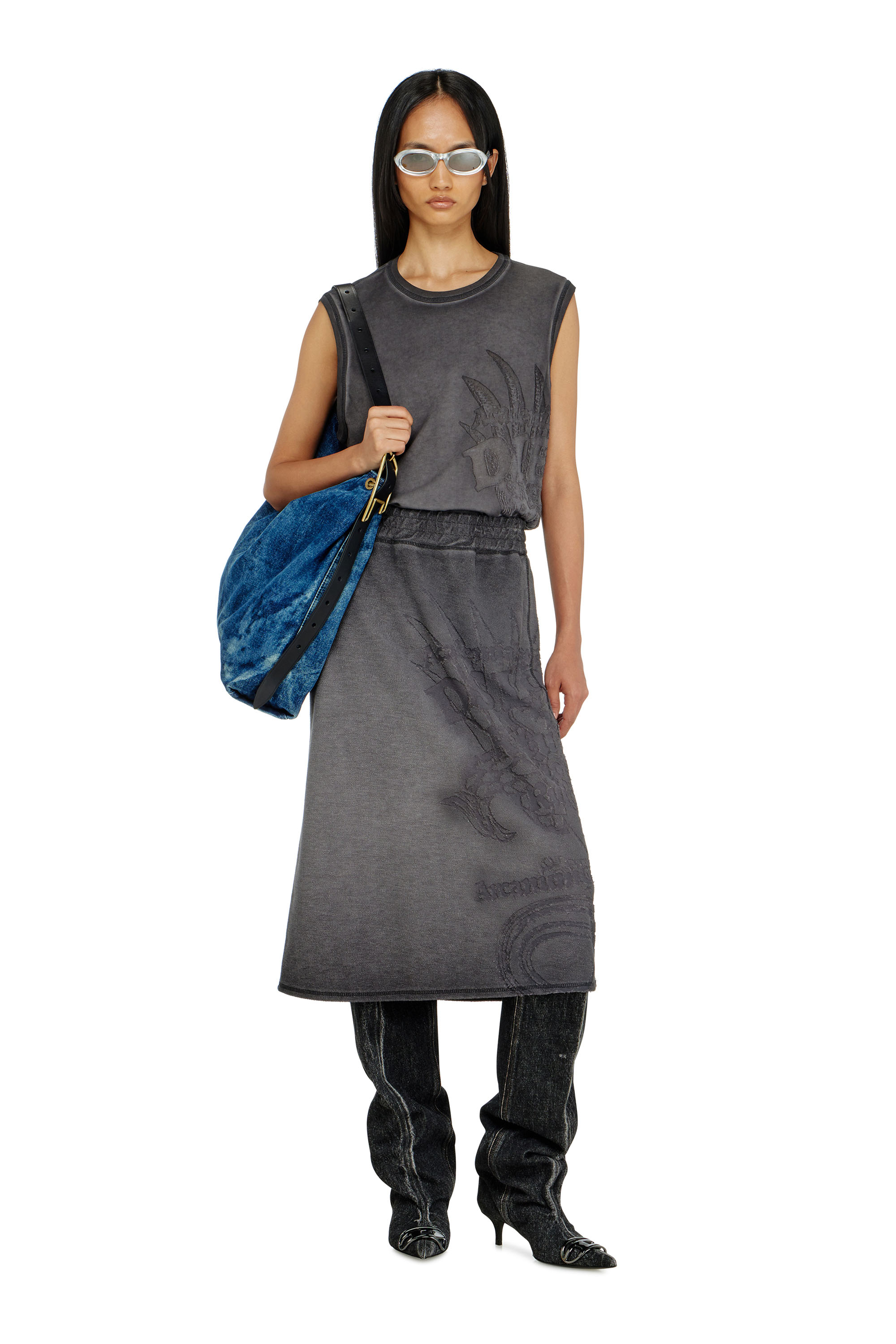 Diesel - O-BEAUTY, Gonna midi in felpa con stampa d&eacute;vor&eacute; Donna in Grigio - 1