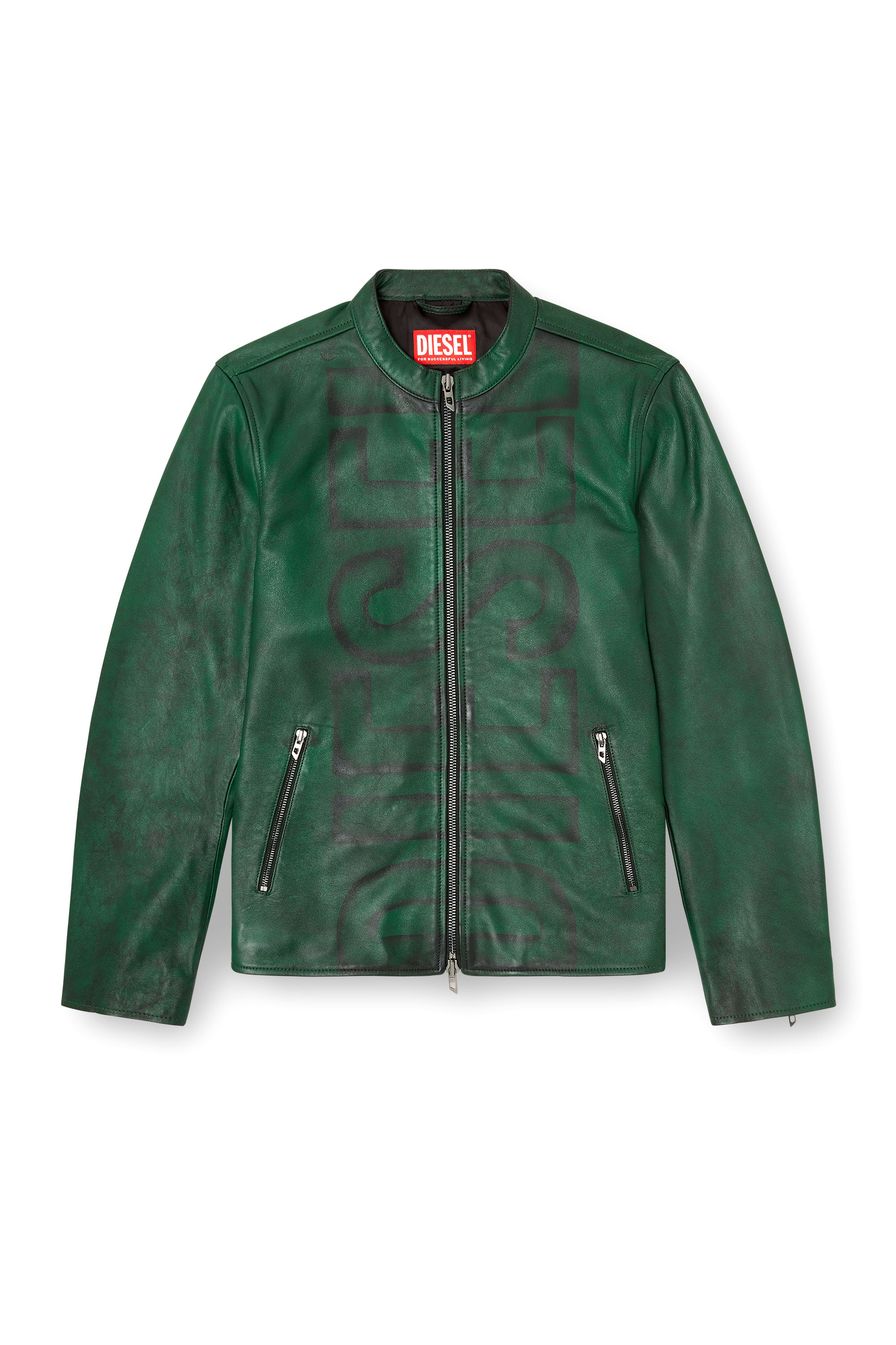 Diesel - L-EVERT-A, Giacca biker in pelle trattata con logo Uomo in Verde - 2