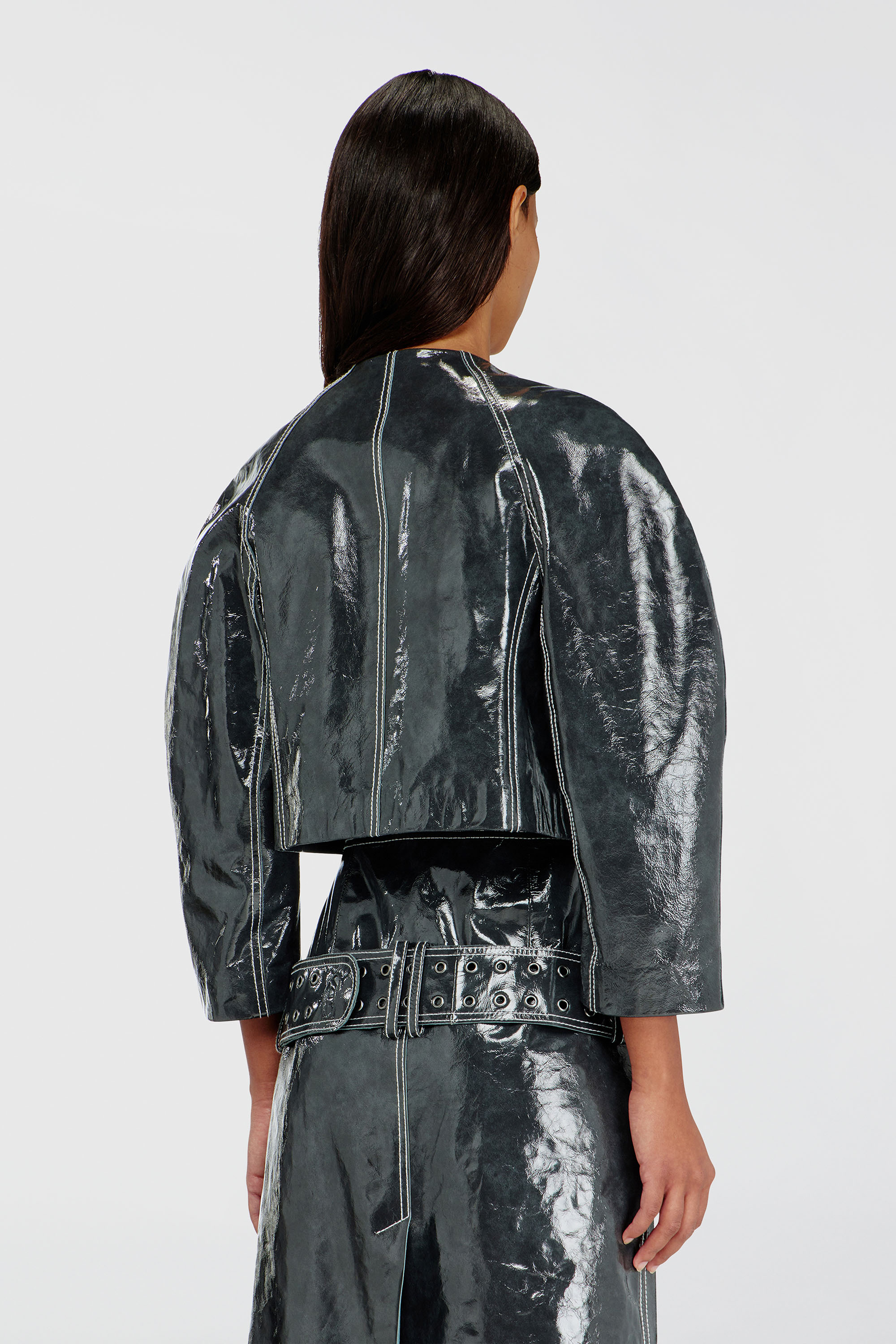 Diesel - L-ANDON, Veste en cuir verni &agrave; manches cocon Femme in Gris - 4