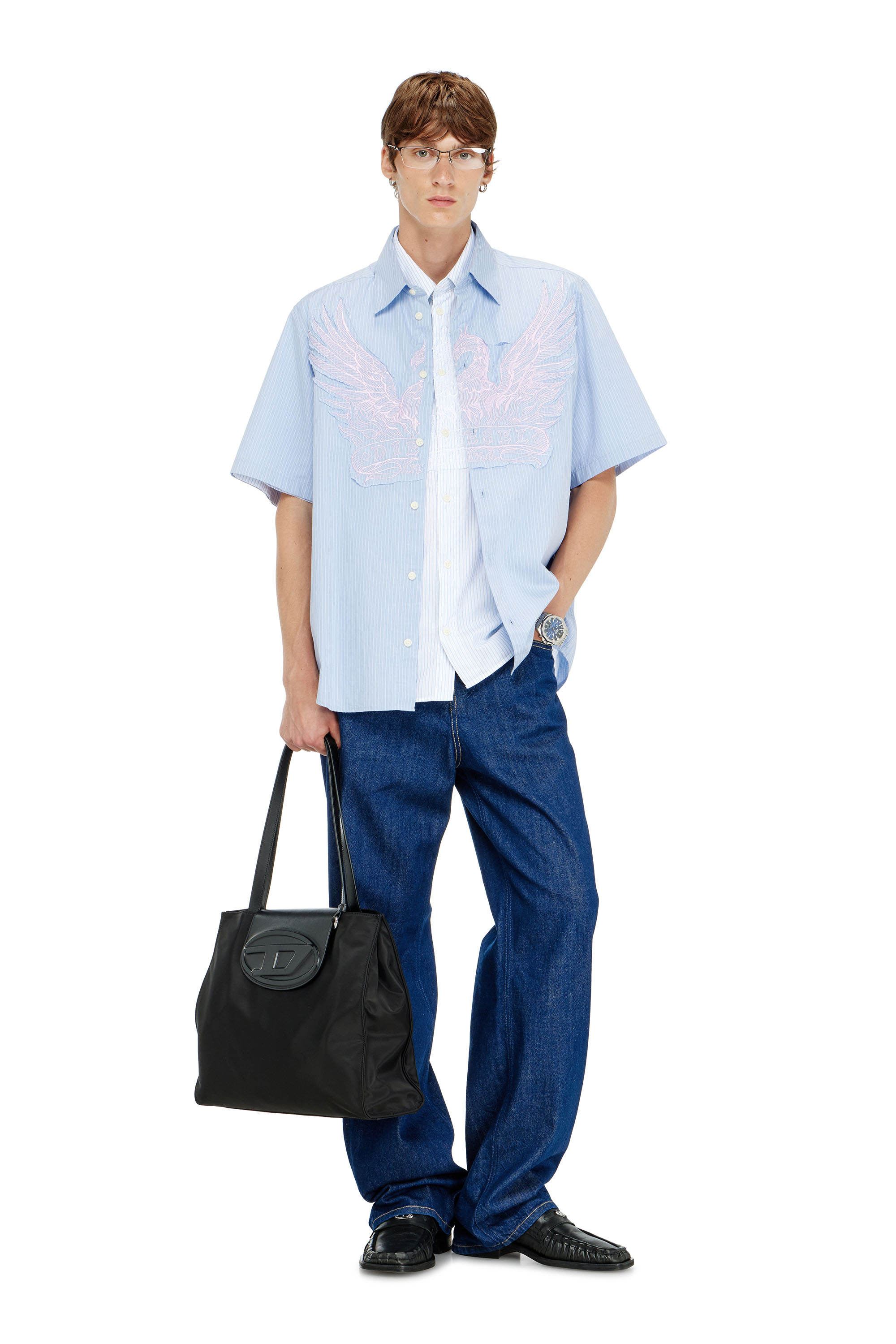 Diesel - S-SIMPLY-SS-AGCZ, Herren Gestreiftes Popeline-Hemd mit Stickpatch in Hellblau - 2