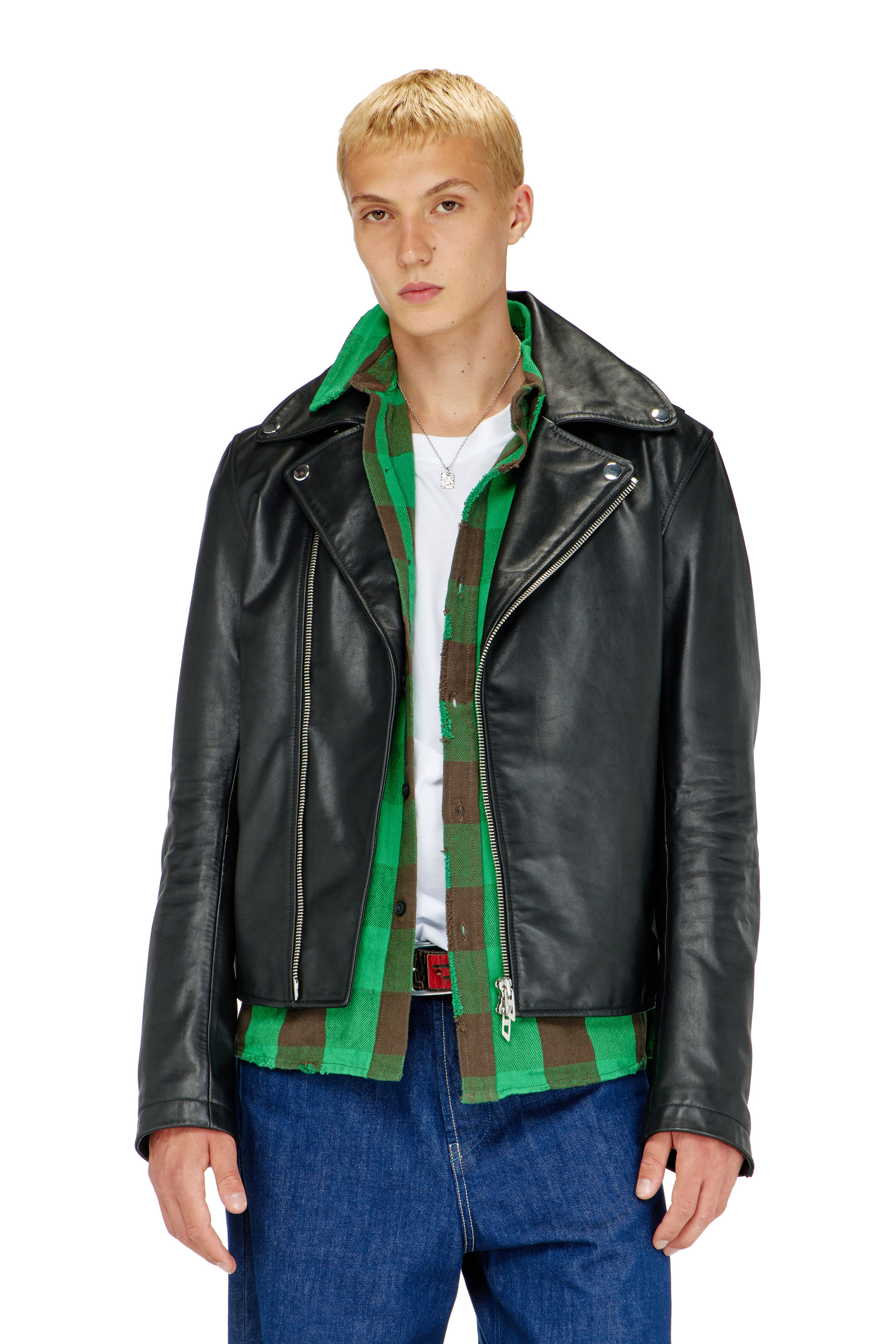 Diesel - L-EO-WRD, Giacca biker in pelle cerata Uomo in Nero - 1