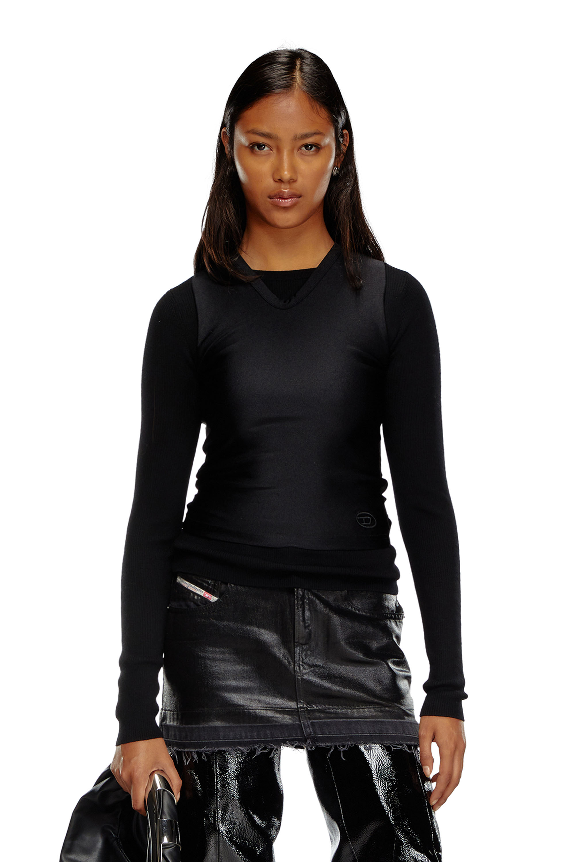 Diesel - M-ROSEL, Damen Oberteil aus Wollstrick mit Tanktop-Overlay in Schwarz - 1