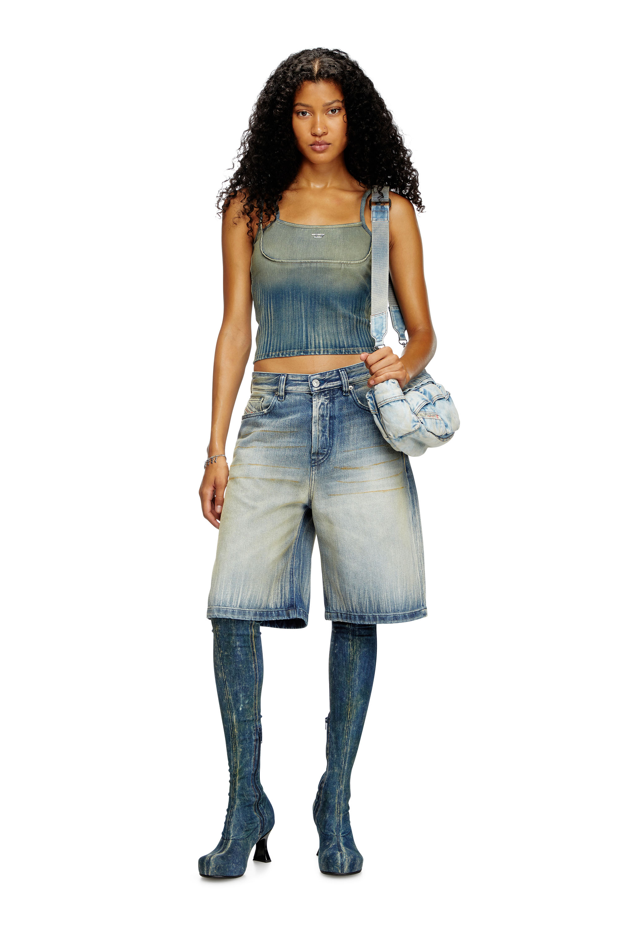 Diesel - DE-MADDY-S, Crop top in denim streaky leggero Donna in Blu - 2