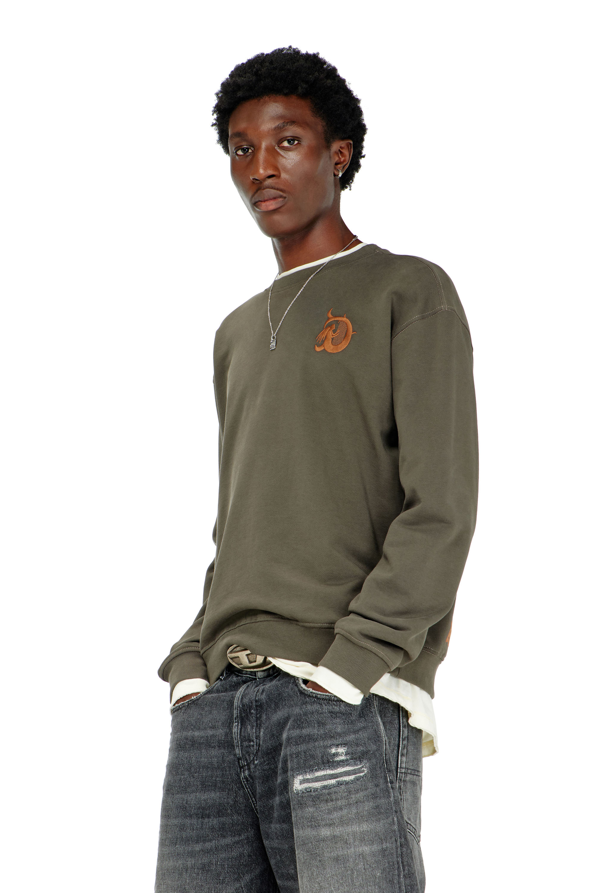 Diesel - S-NORM-AA4, Herren Sweatshirt mit Stickerei und Flockprint in Armeegr&uuml;n - 3