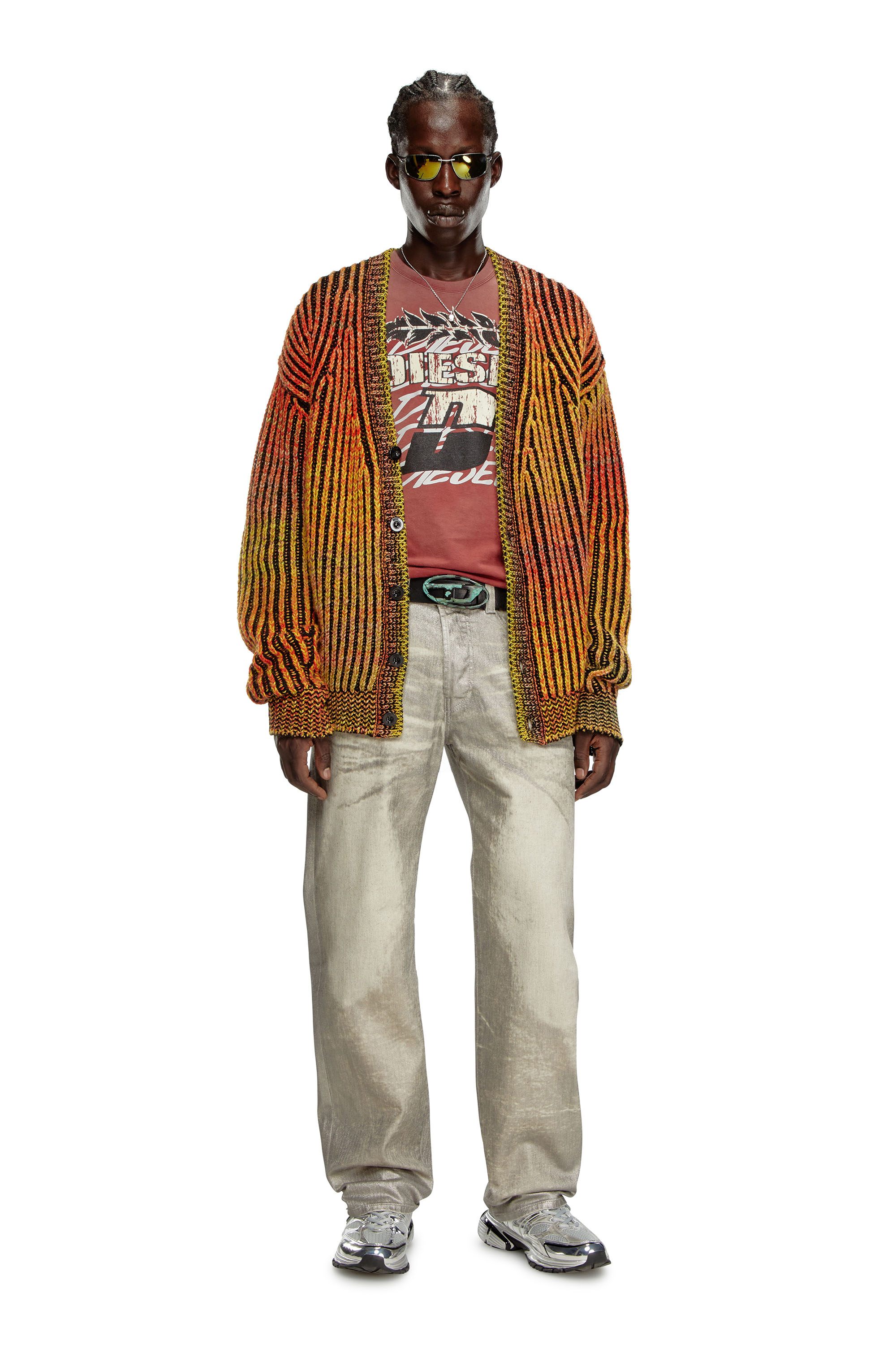 Diesel - K-OAKLAND-CR, Uomo Striped ribbed cardigan in wool blend in Arancione - Image 2