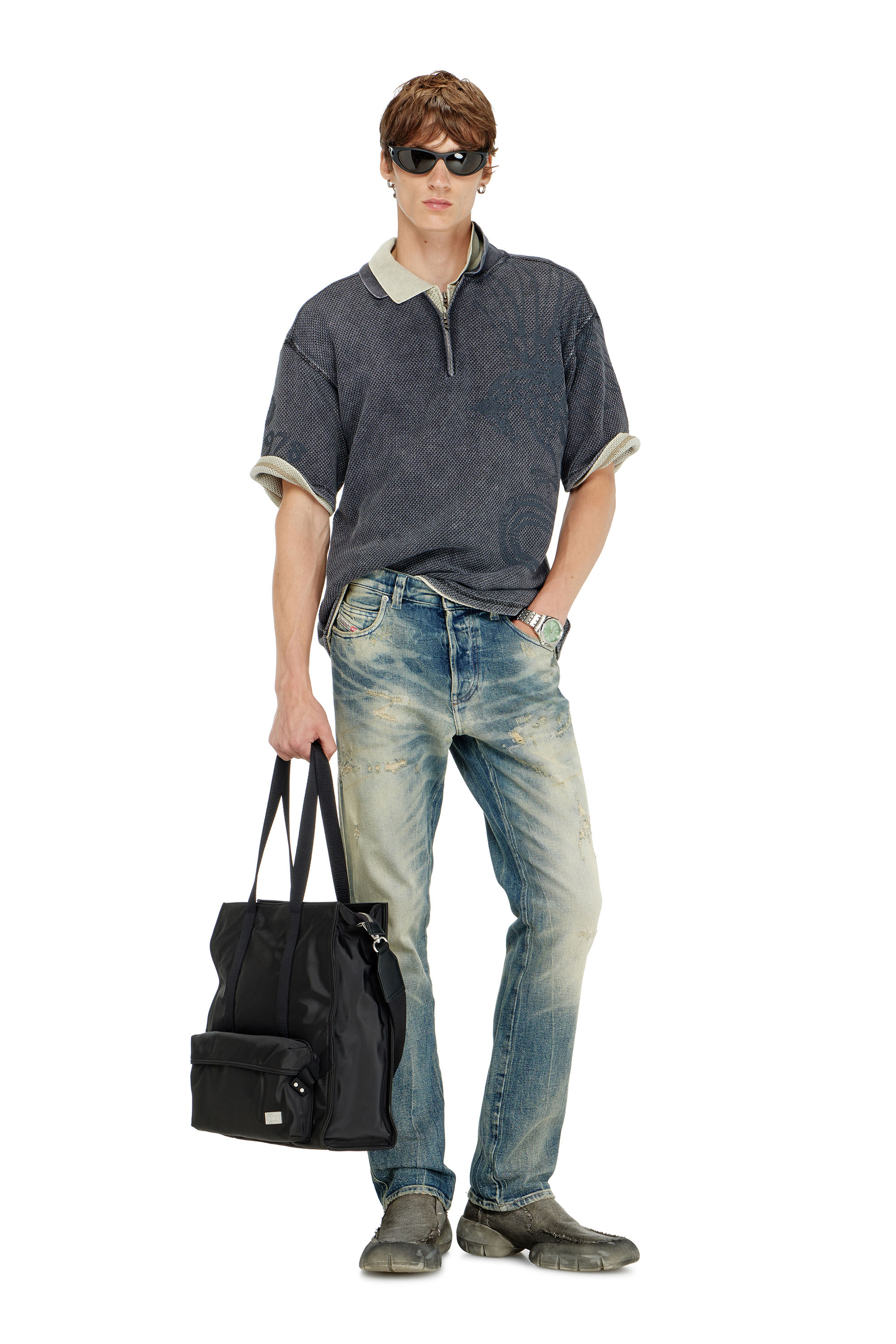 Diesel - T-ERRY-ZIP, Polo en mesh jacquard avec imprim&eacute; Phoenix Homme in Gris - 2
