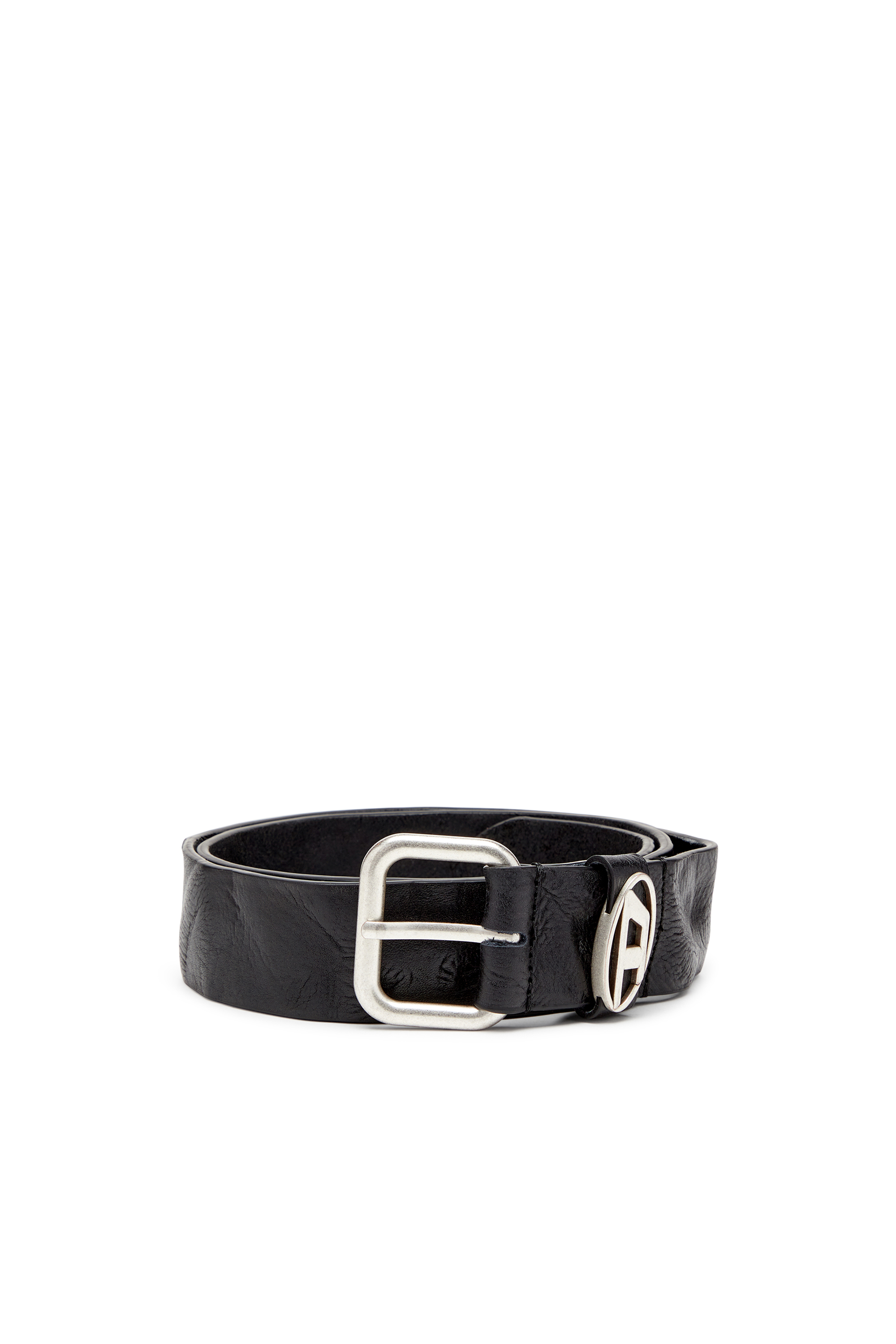 Diesel - B-1DR OVAL D LOOP, Unisex 3.9cm Gürtel aus Knitter-Leder mit Logo-Plakette in Schwarz - 1
