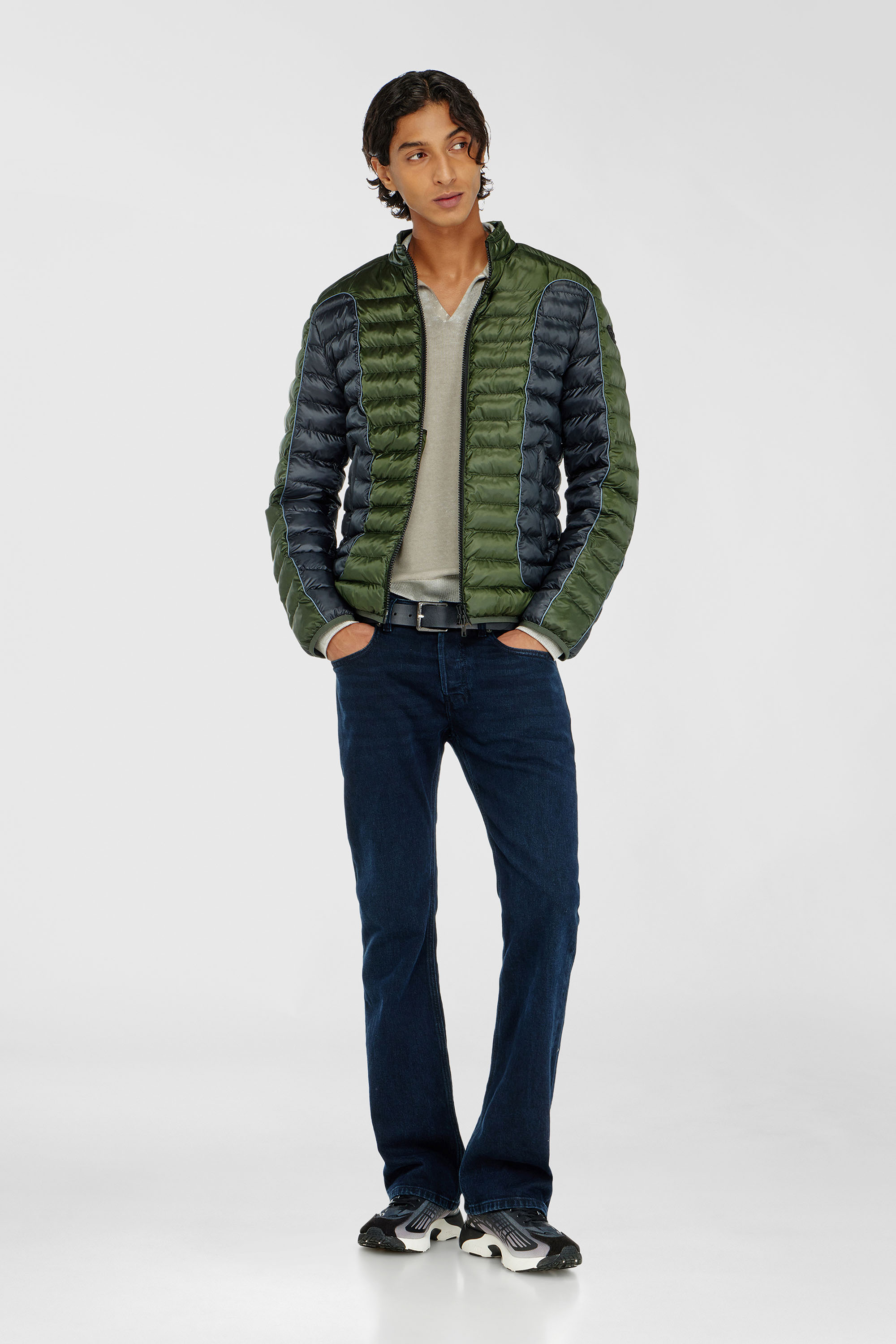 Diesel - W-PILOT-BLOCK, Herren Biker-Pufferjacke mit Colour-Block-Design in Grau/Gr&uuml;n - 1