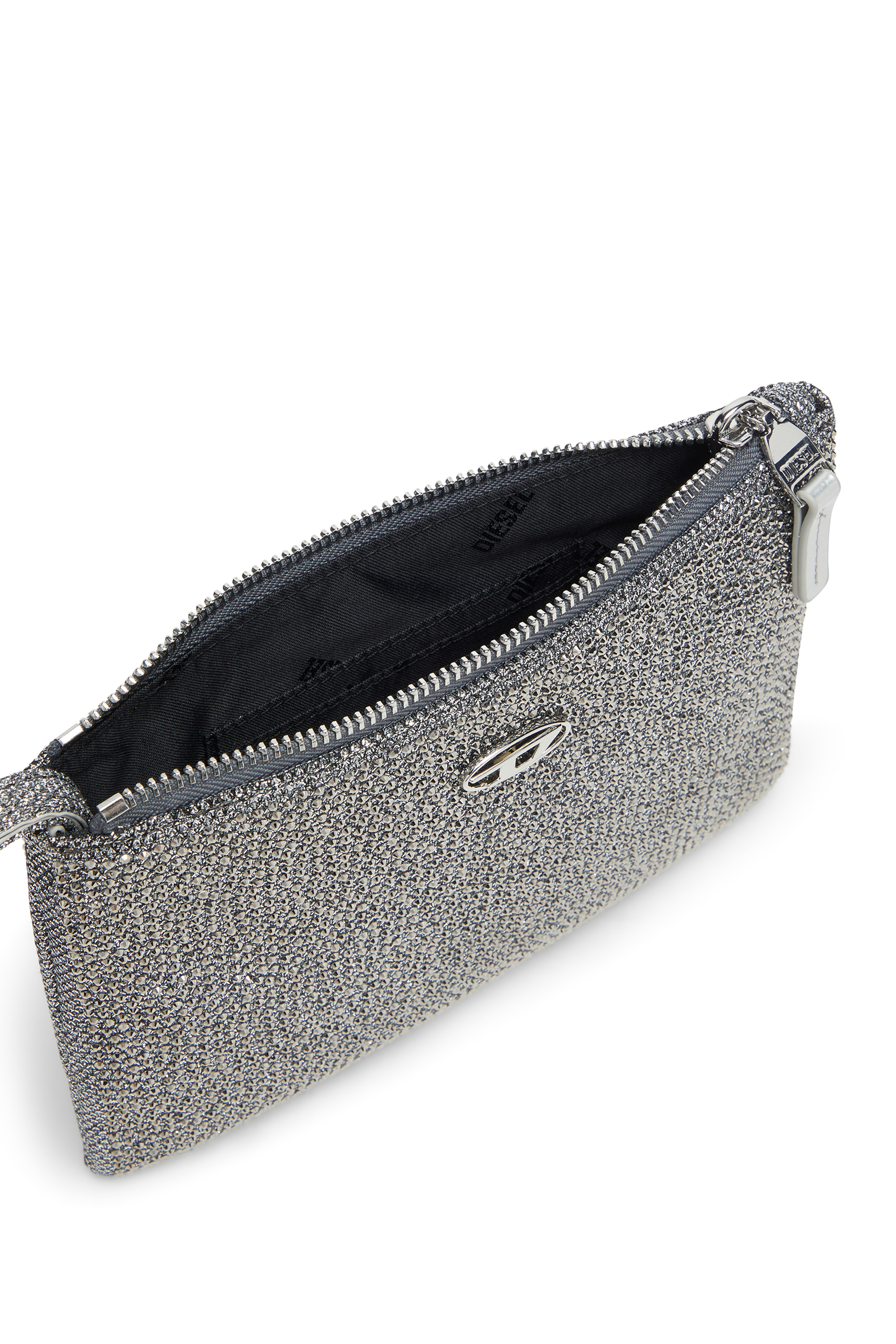 Diesel - PLAY POUCH II, Pochette in tessuto lurex con cristalli Donna in Argento - 4