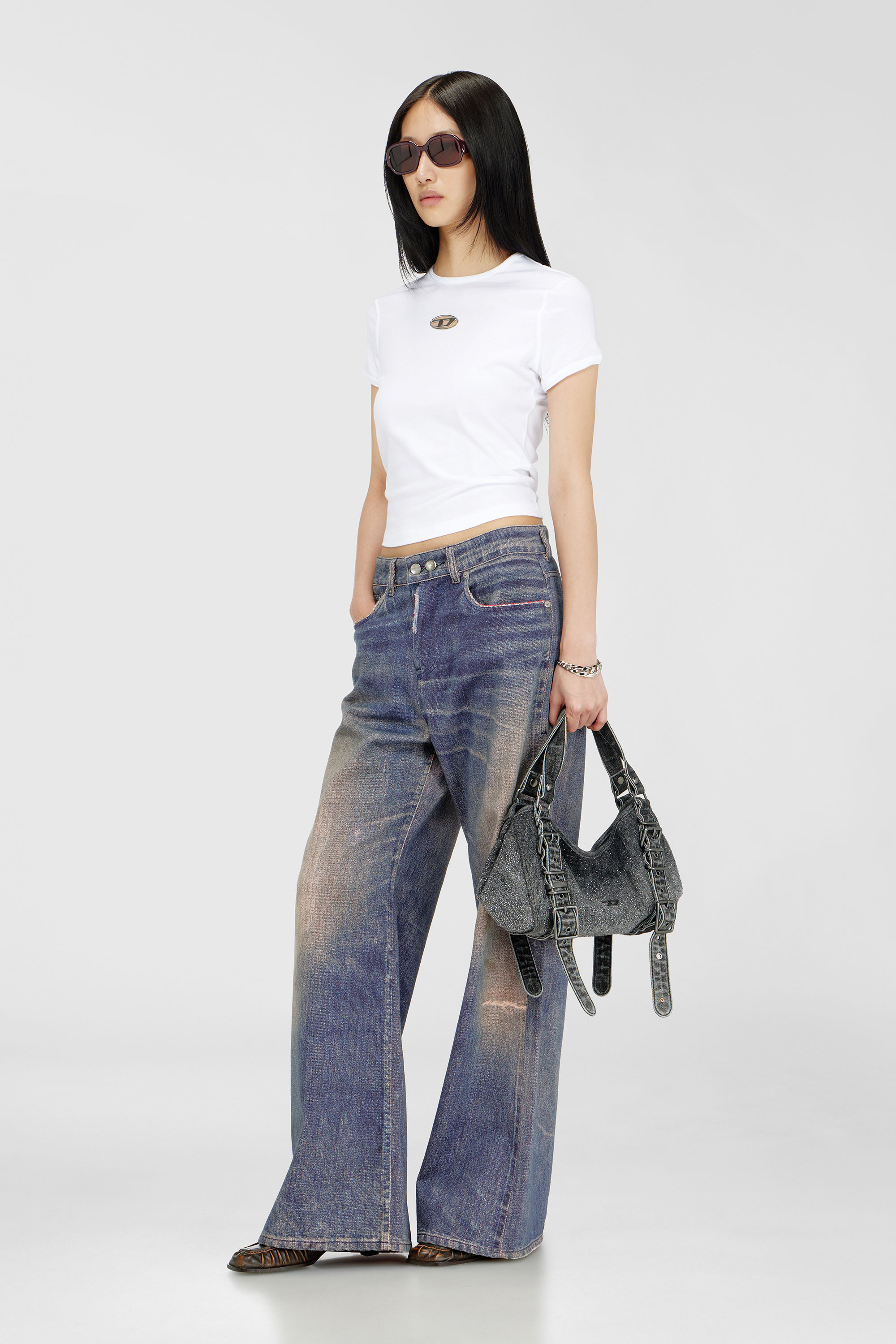 Diesel - D-ONE TOPHANDLE S, D-One-Borsa piccola a mano in denim solarizzato con cristalli Donna in Nero - 1