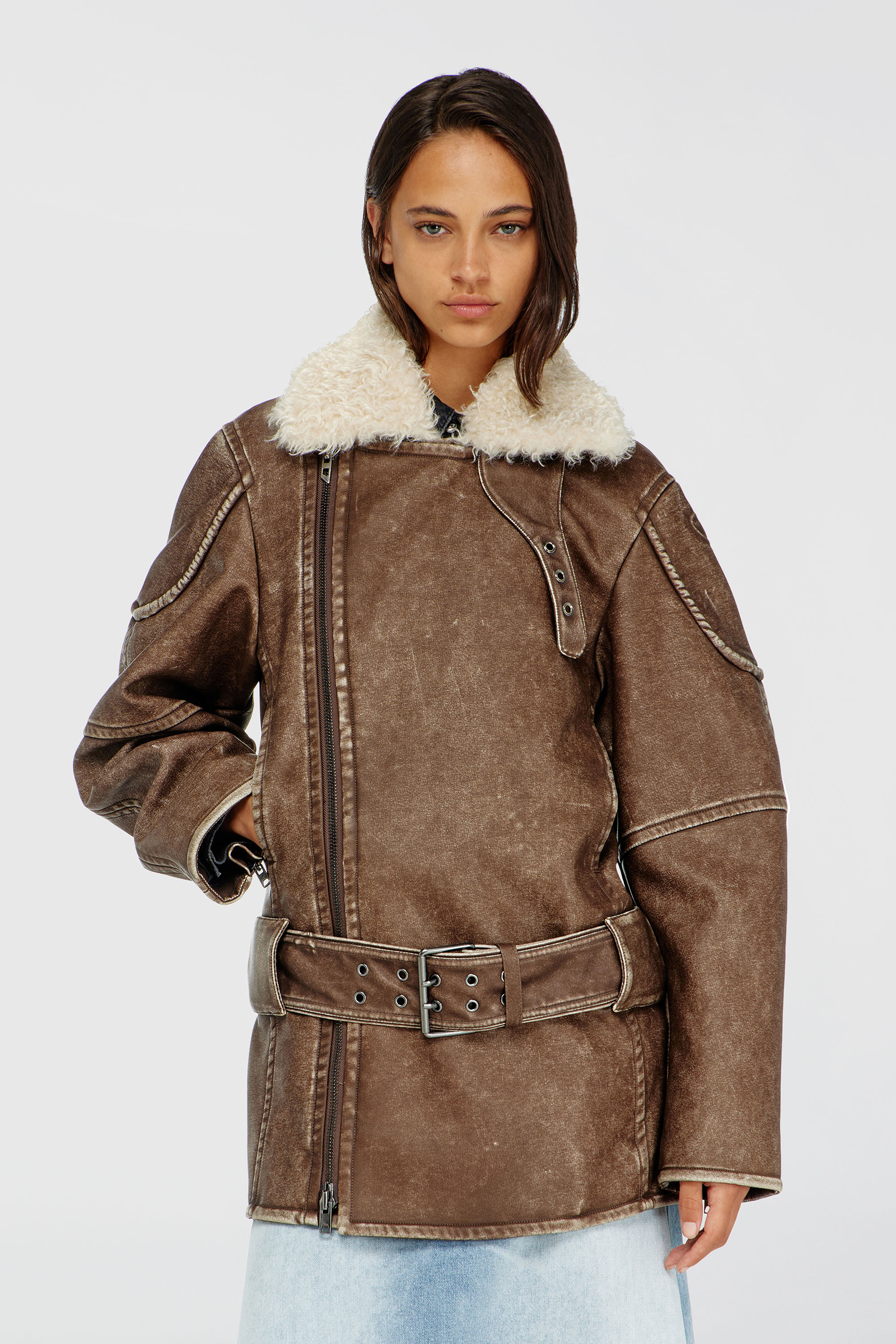 Diesel - G-EYSER, Manteau aviateur-biker crois&eacute; Femme in Marron - 1