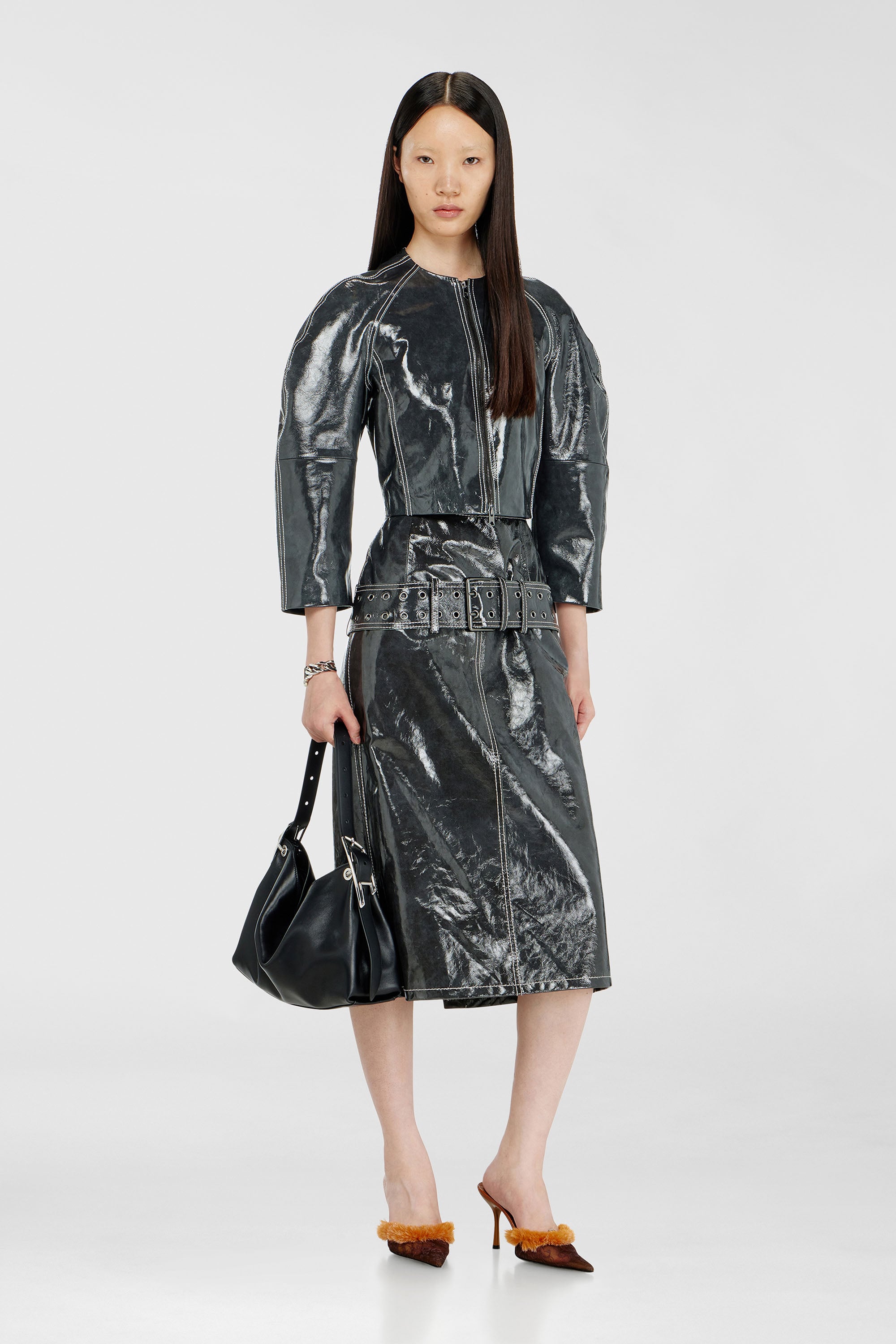 Diesel - L-ASCAR, Jupe midi en cuir verni avec ceinture Femme in Gris - 1