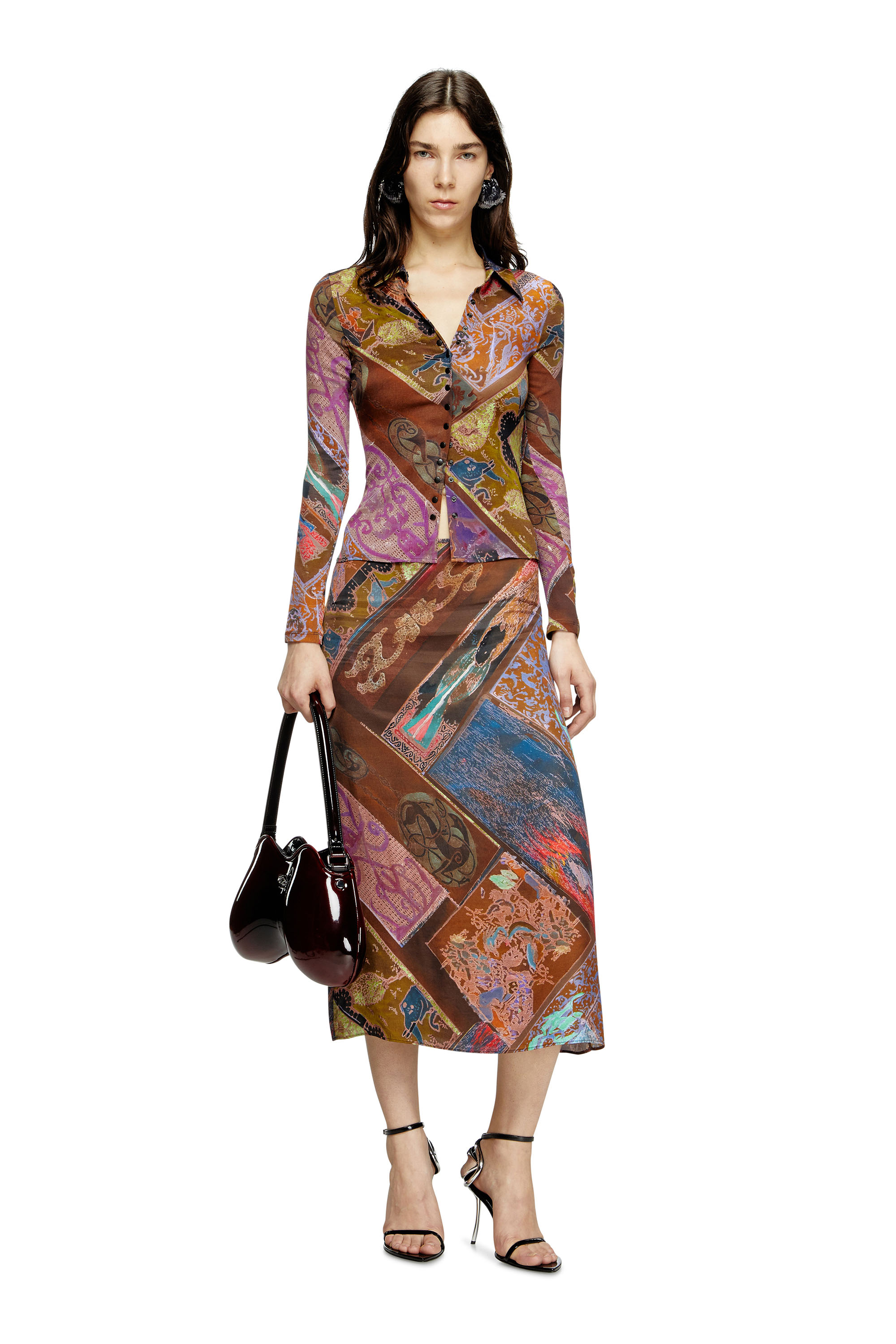 C-AMELIA, Brown Diesel - C-AMELIA, Woman's Stretch-viscose shirt with Heraldic print in Brown - 1