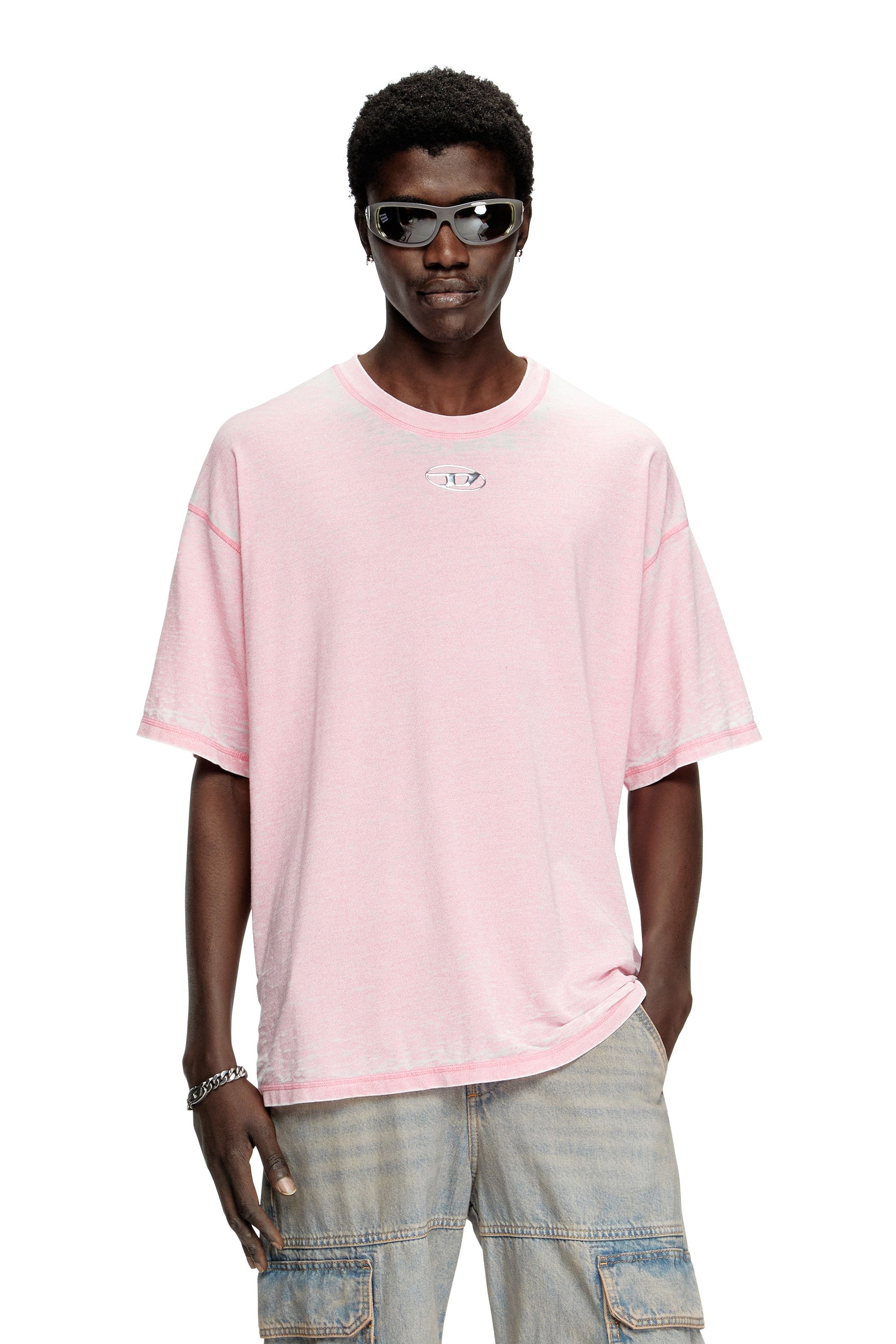 Diesel - T-BOXT-PAK, T-shirt burnout avec logo aspect métal Homme in Rose - 1