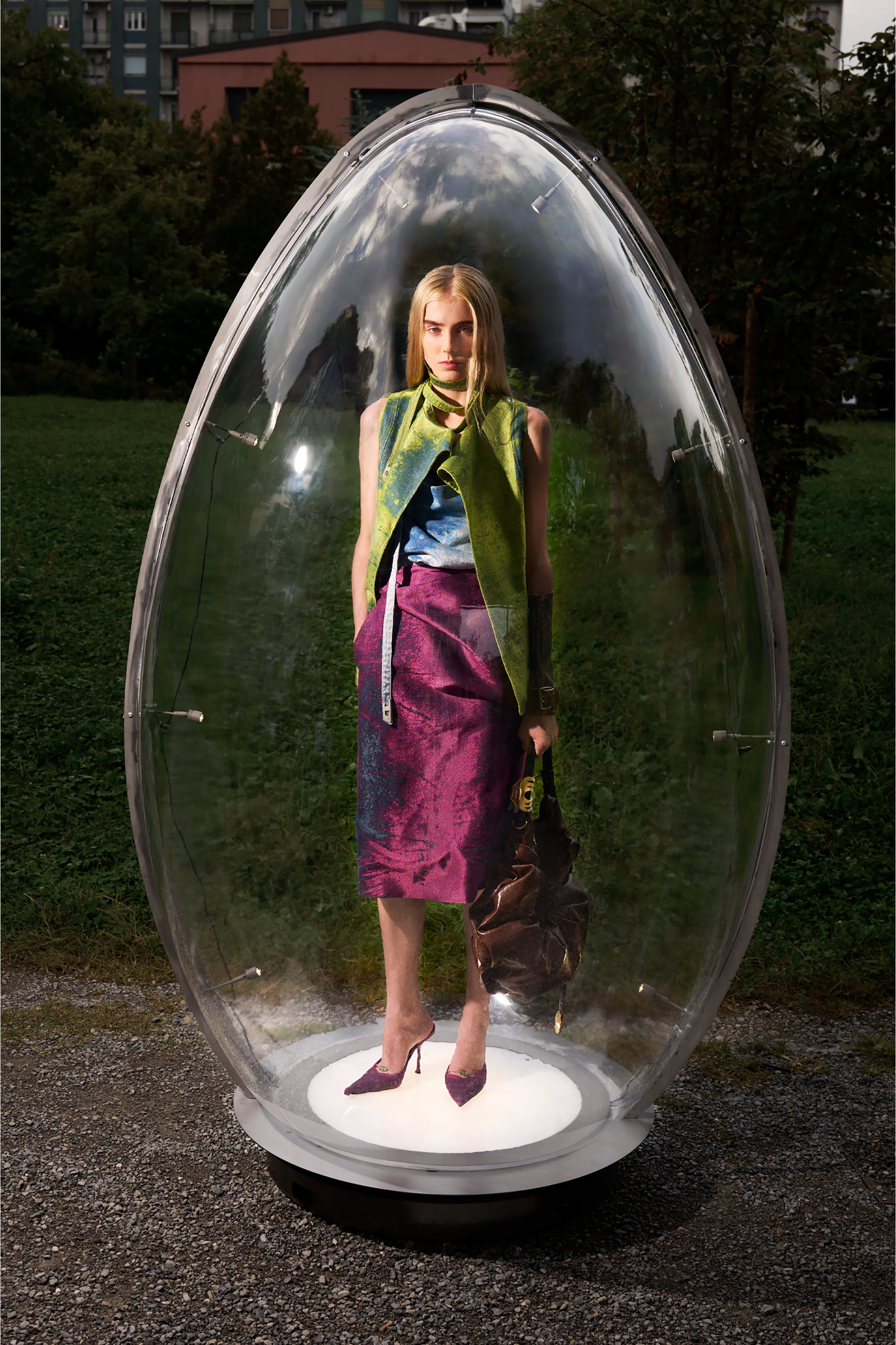 Diesel - DE-VANTOS-FSI, Gilet con cintura in satin denim colorato Donna in Verde - 6