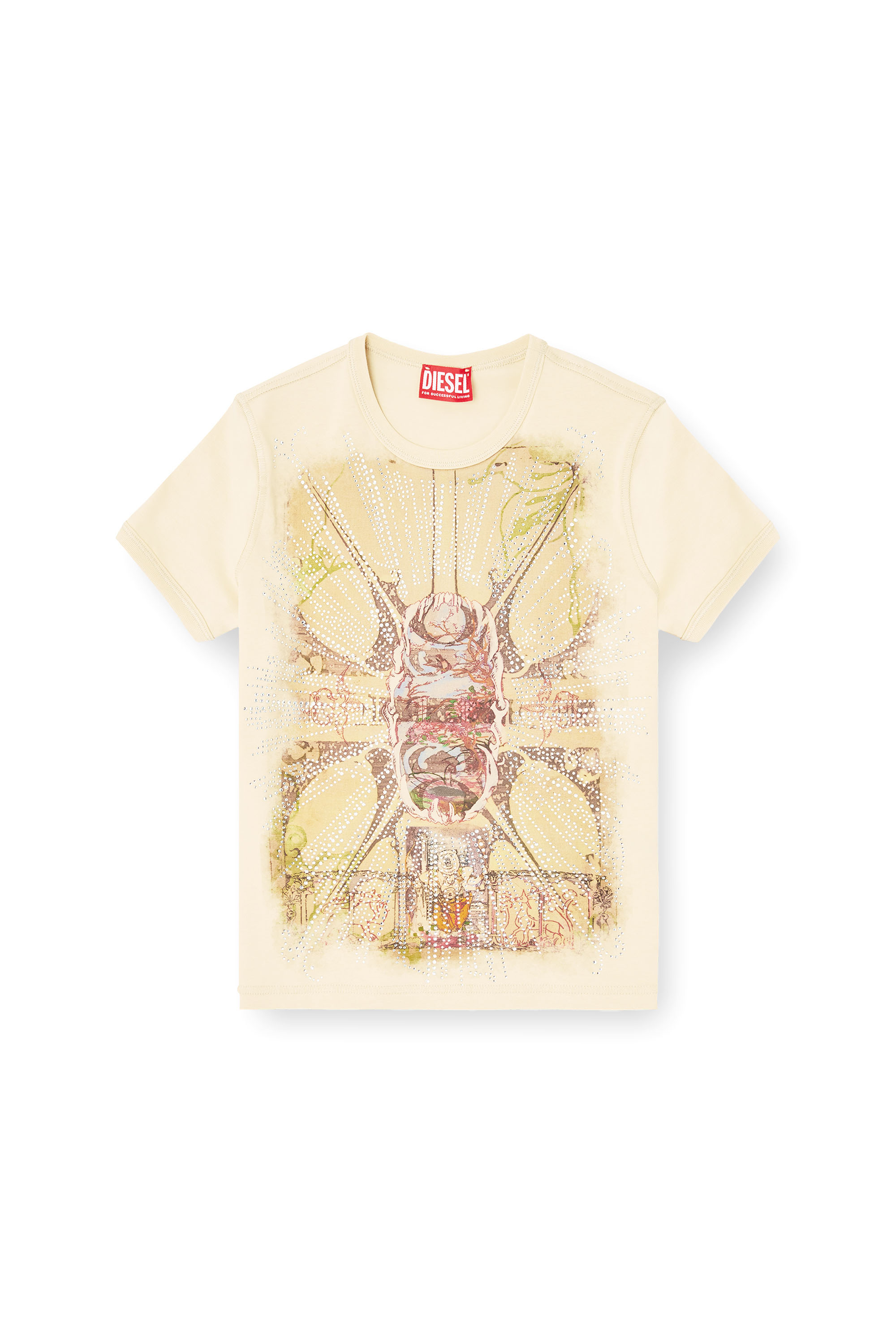 Diesel - T-UNCUTIES-LONG-R14, Damen T-Shirt mit Strass-Grafik in Hellbraun - 3