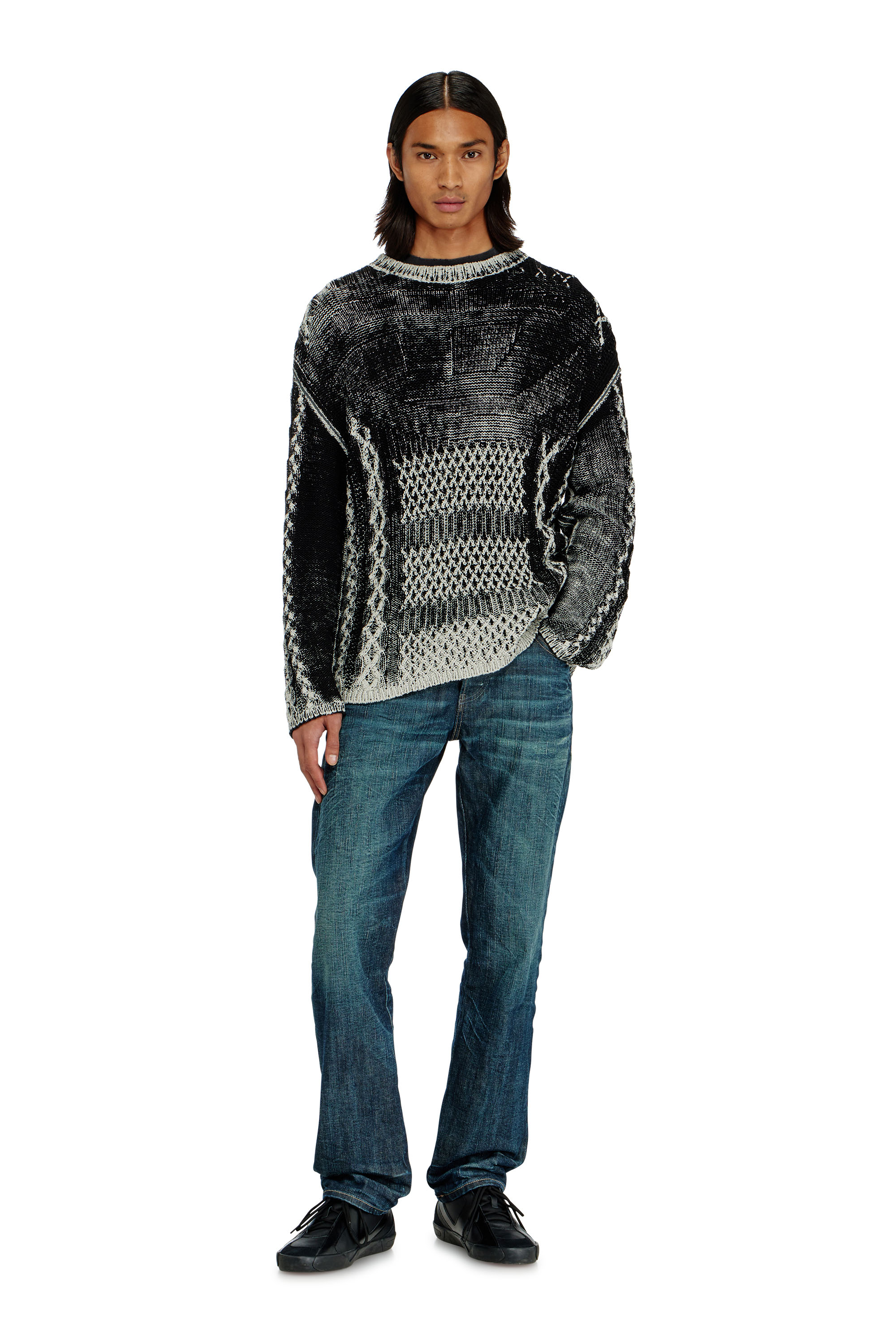Diesel - K-MIONE, Herren Treated cable-knit Pullover in Grau/Schwarz - 1