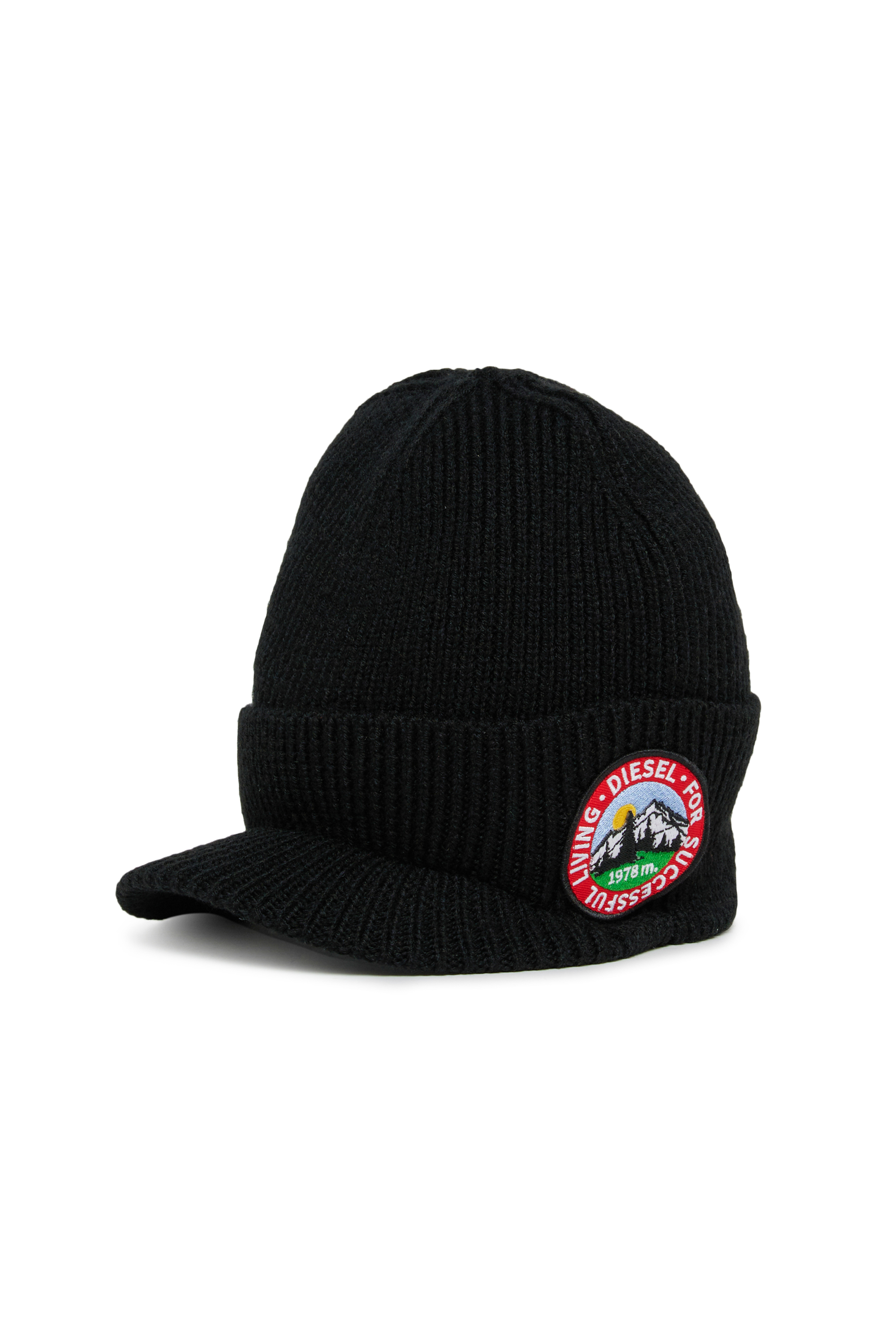 Diesel - FMONTI, Bonnet &agrave; visi&egrave;re en maille de laine c&ocirc;tel&eacute;e Mixte in Noir - 1