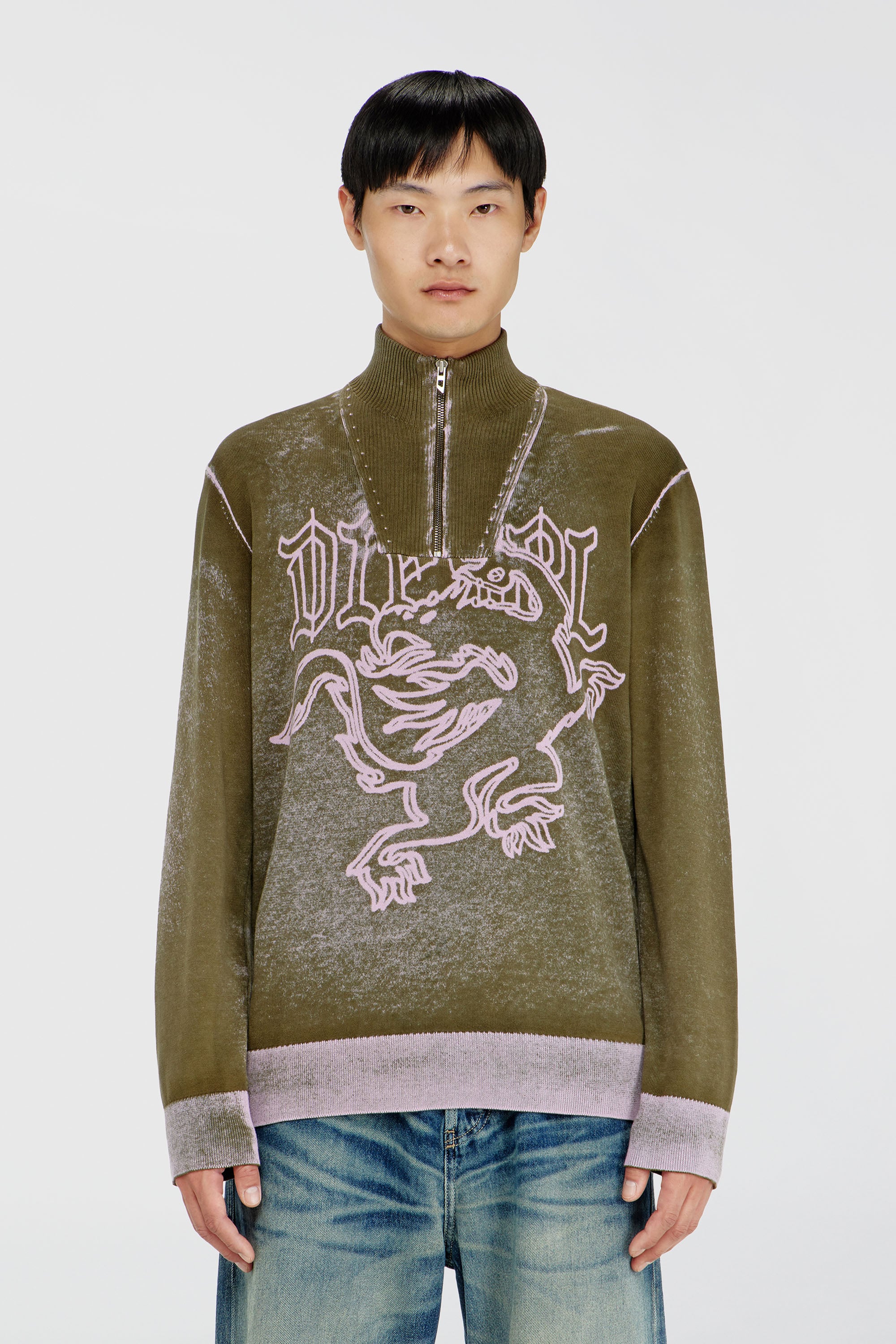 Diesel - K-LAUTARE, Maglia half-zip lavorata con motivo grifone Uomo in Verde - 1