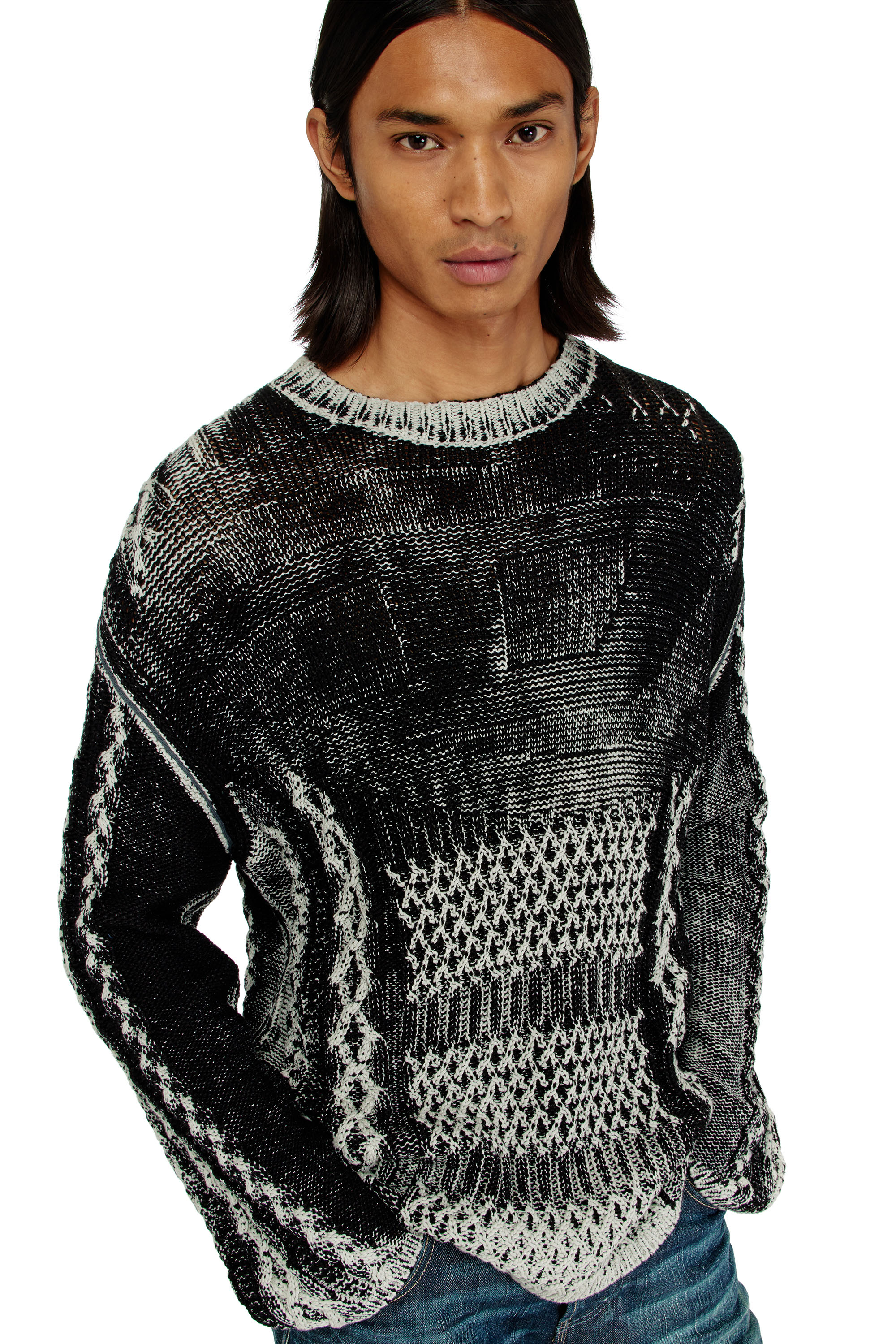 Diesel - K-MIONE, Herren Treated cable-knit Pullover in Grau/Schwarz - 5