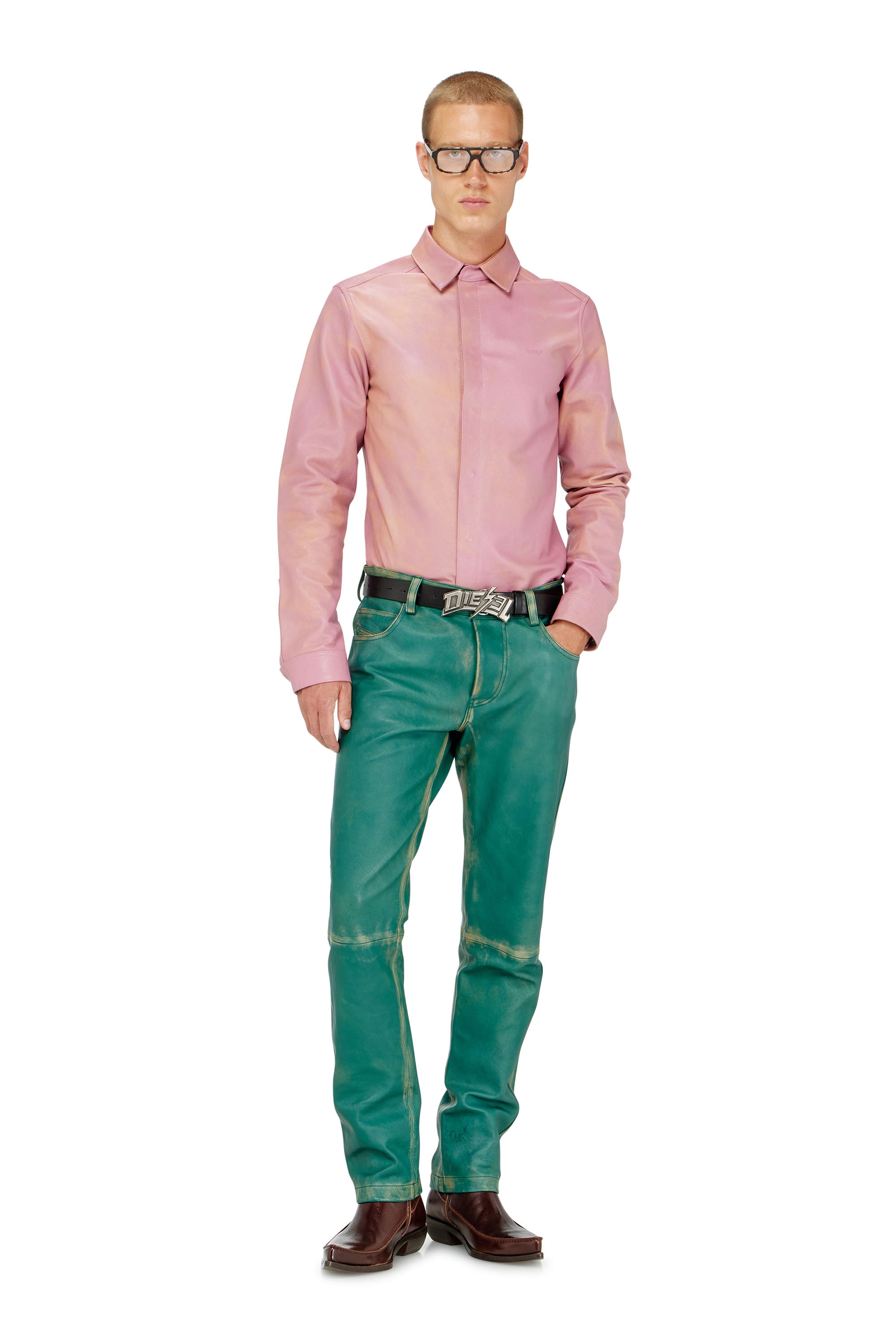 Diesel - S-CIRT, Chemise en cuir trait&eacute; Homme in Rose - 2