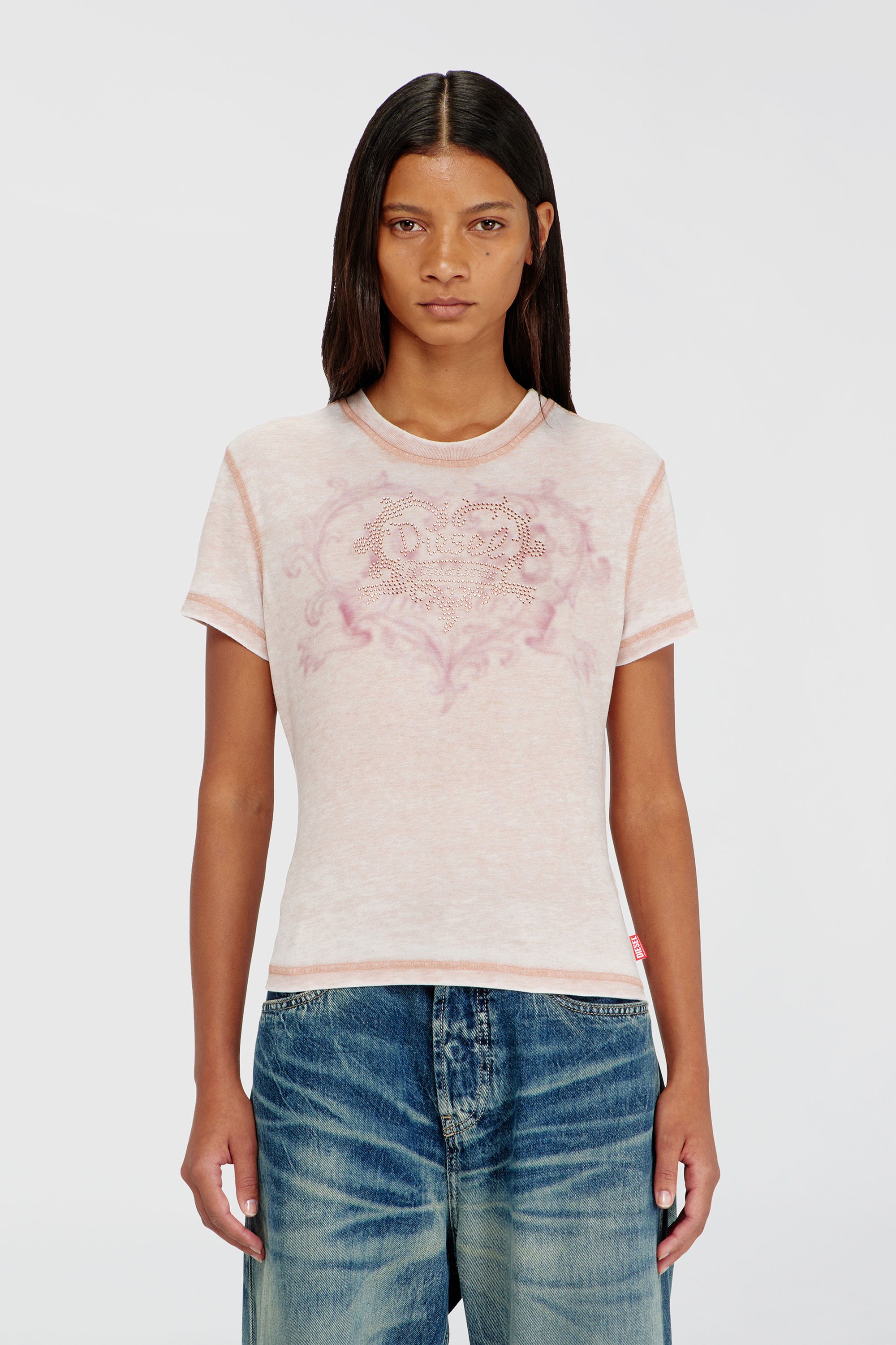 Diesel - T-ILA-AA1, T-shirt in jersey con strass ed effetto burnout Donna in Rosa - 1