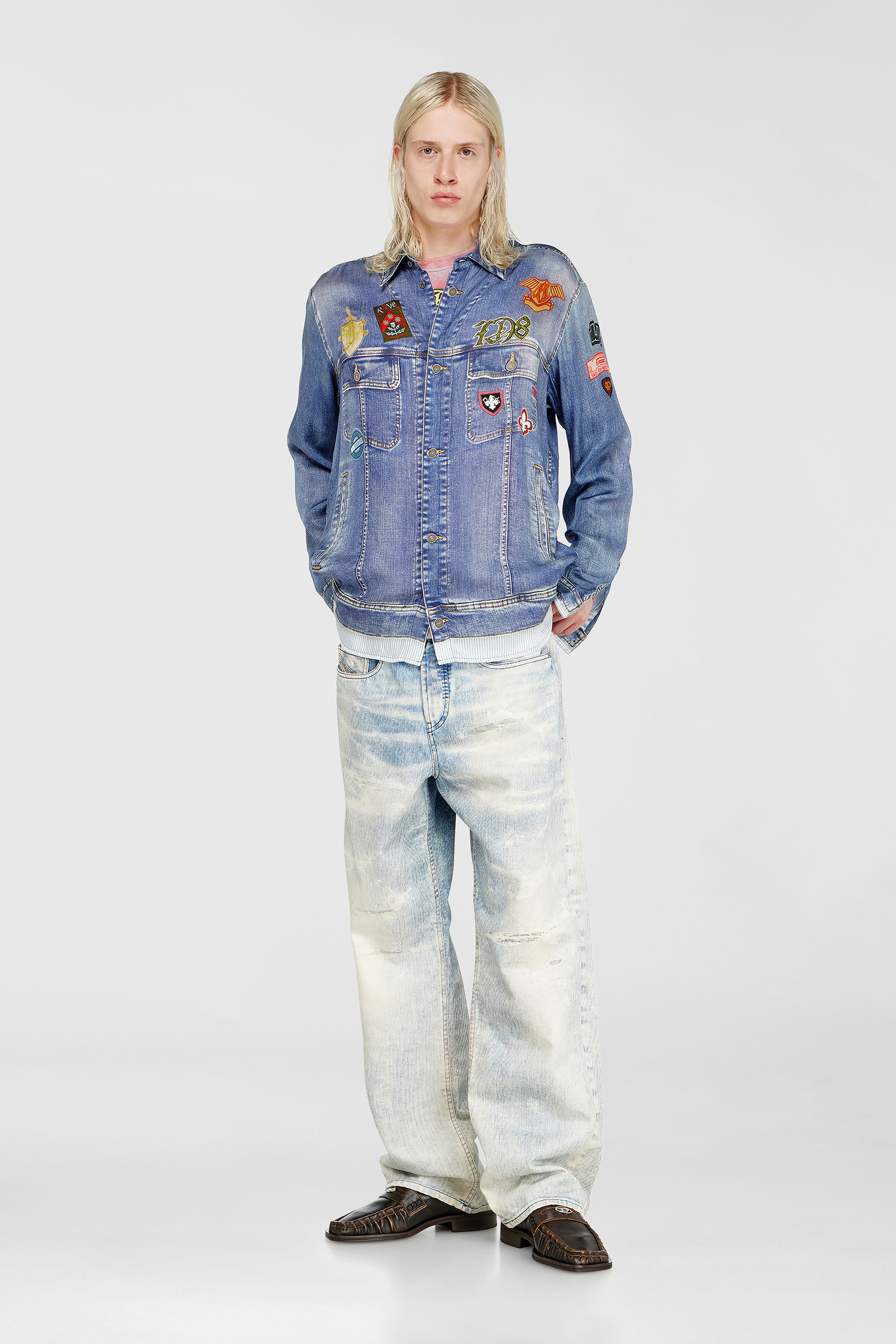 Diesel - S-SIMPLY-PATCH, Herren Satinhemd mit trompe-l'oeil denim-print in Mittelblau - 1