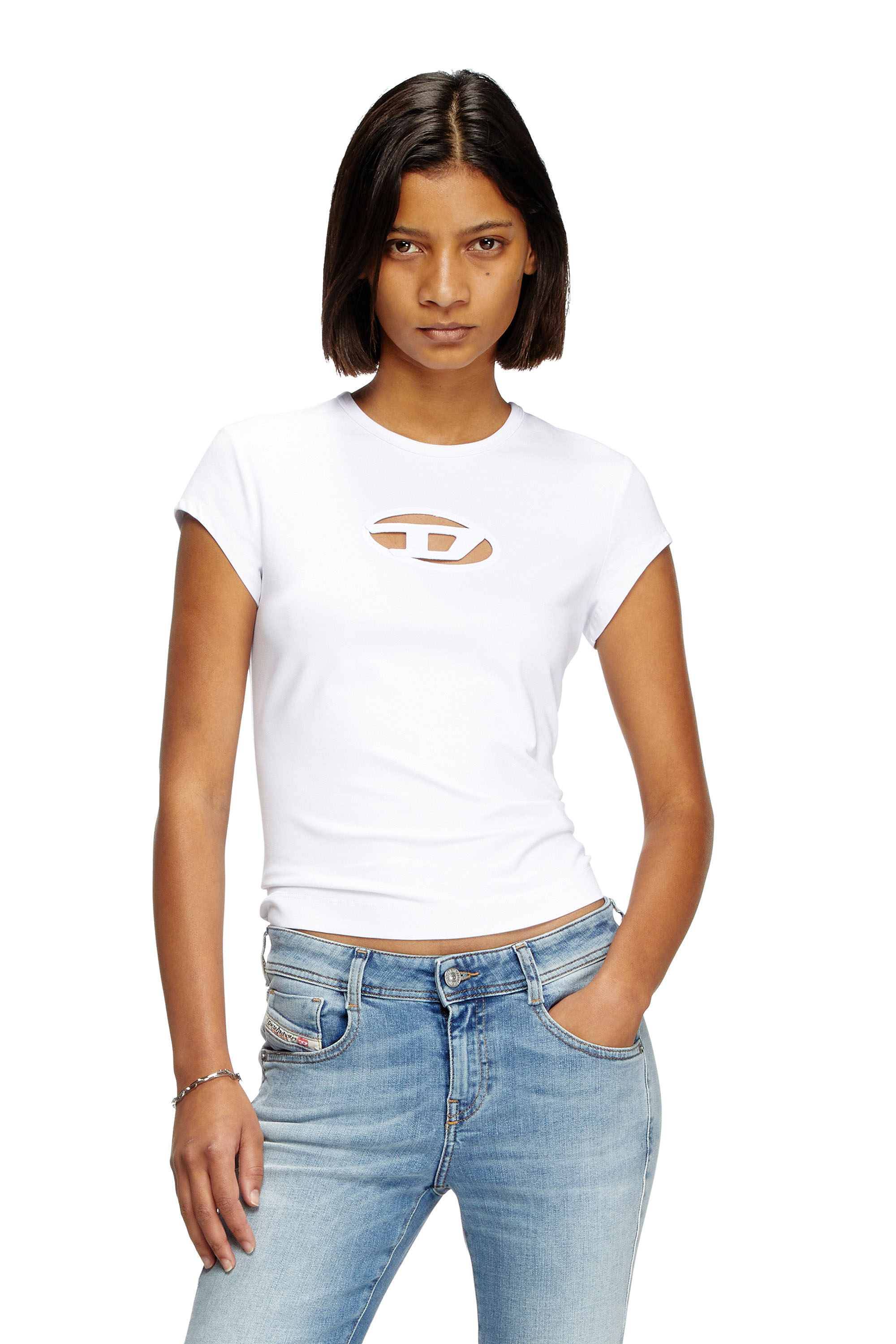 Diesel - T-ANGIE, T-shirt con logo peekaboo Donna in Bianco - 1