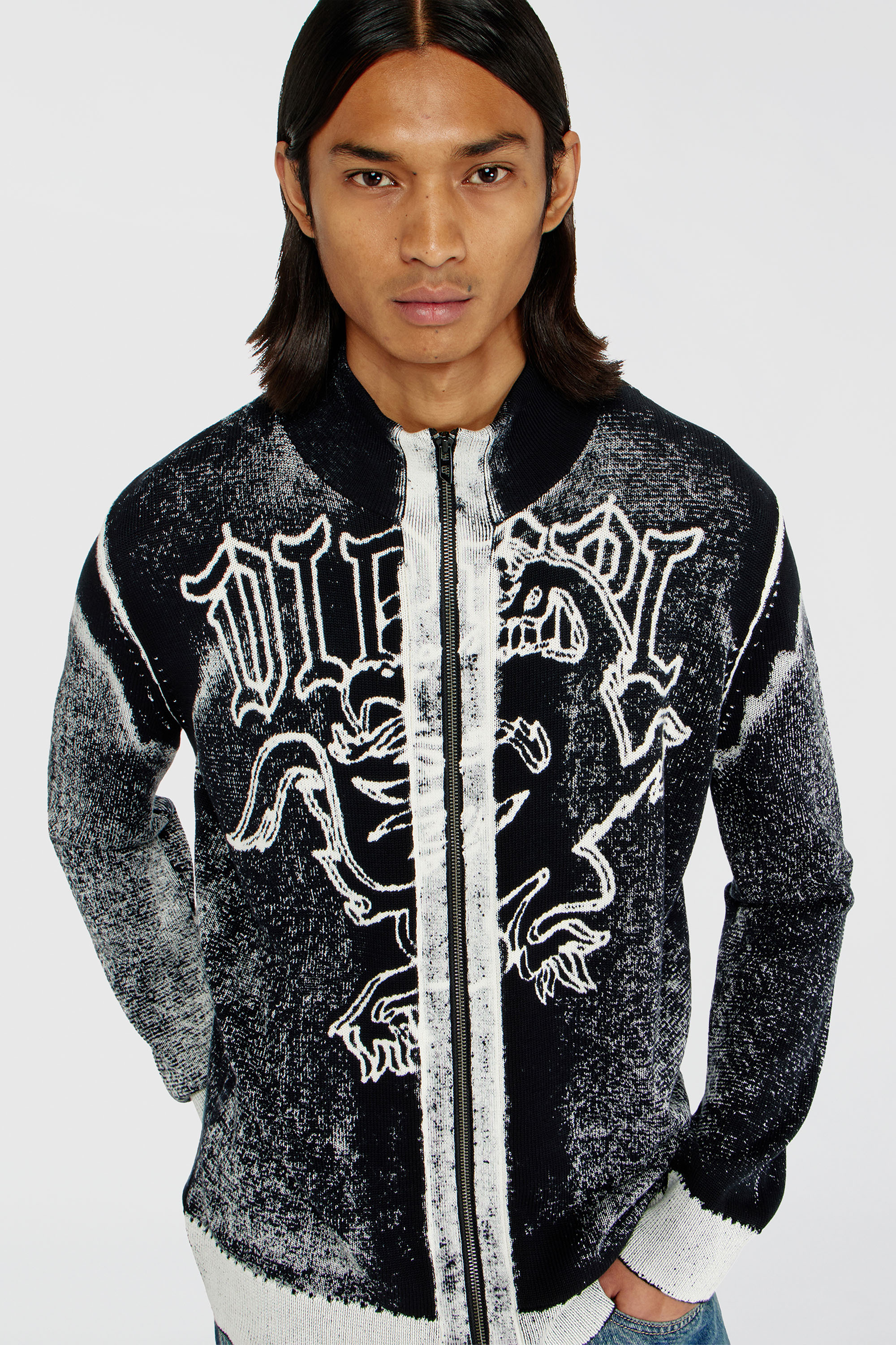 Diesel - K-LAUROS, Herren Behandelter zip-cardigan mit griffin-motiv in Schwarz/Weiss - 5