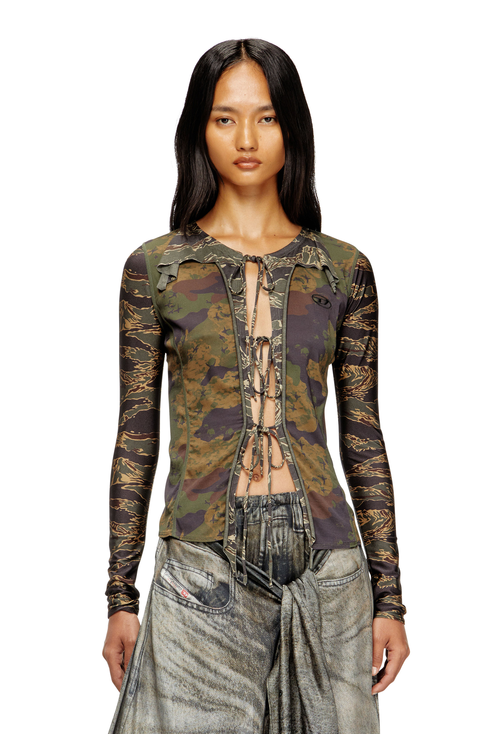 Diesel - T-AFRY, Cardican con lacci e stampe camouflage Donna in Verde - 1