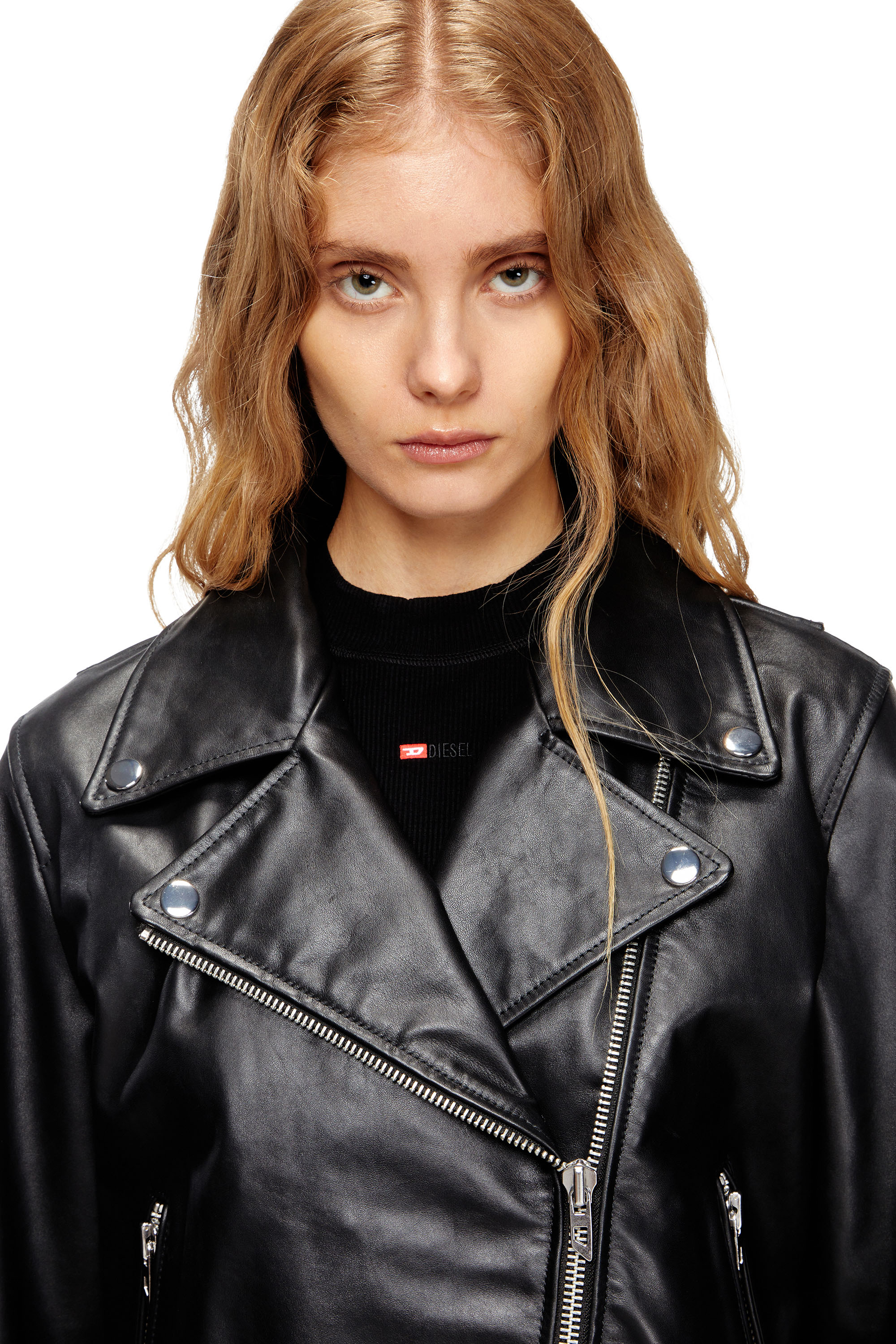 Diesel - L-UNATIC, Giacca biker in pelle cerata Donna in Nero - 5